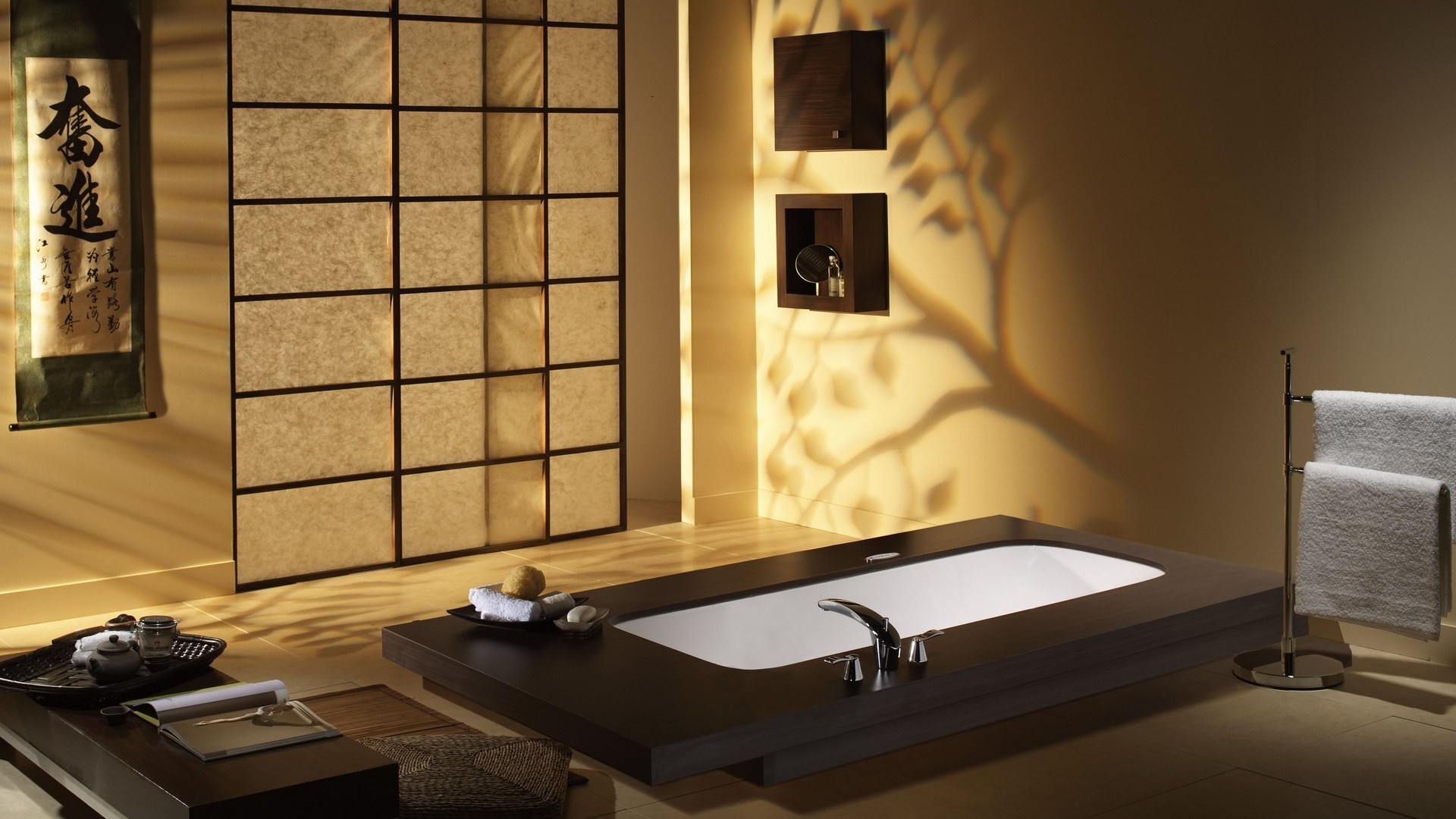 Japanese bathroom with bathtub and shoji screen HD Wallpaper