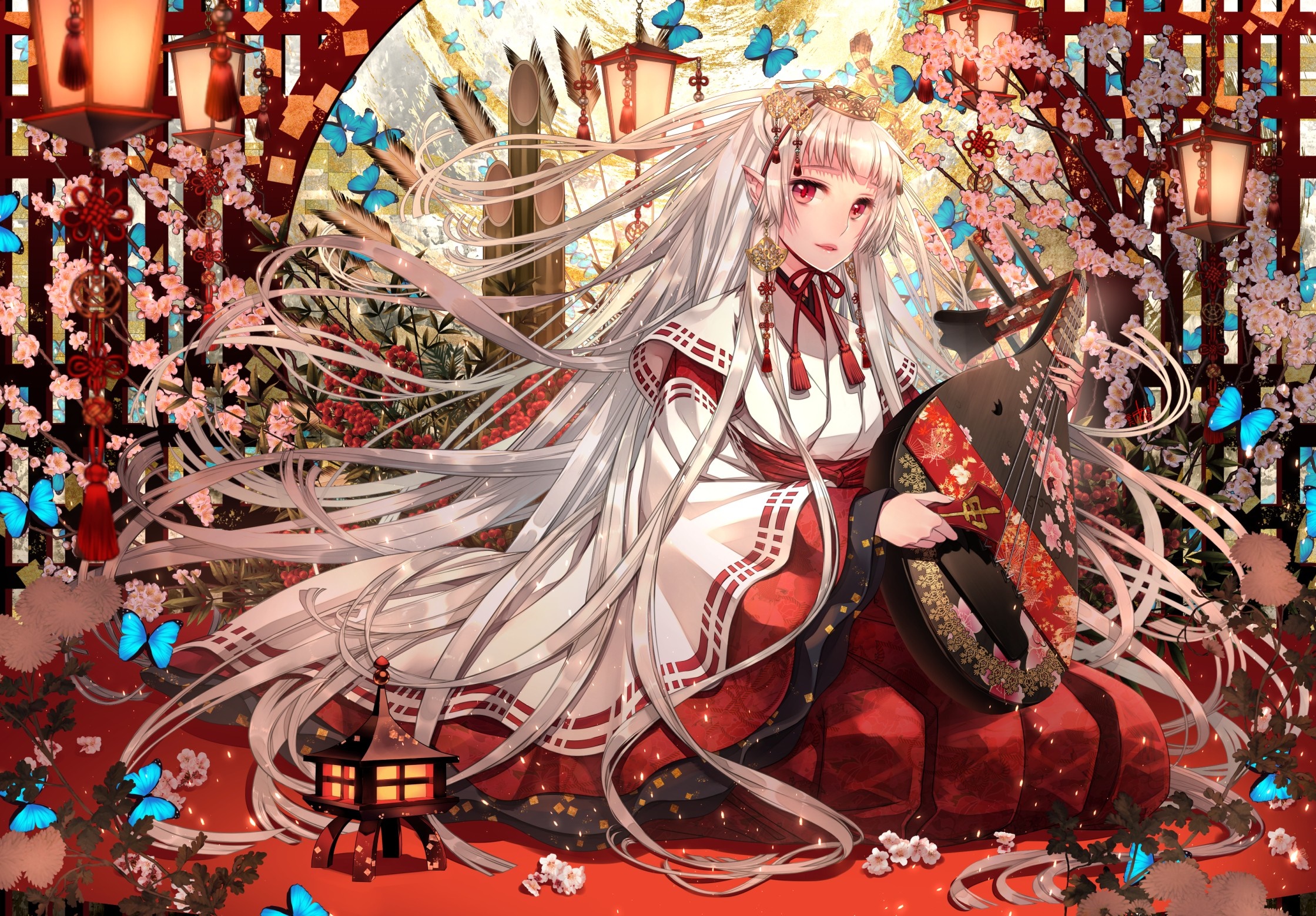 Anime girl in Japanese clothes playing a lute with butterflies HD Wallpaper