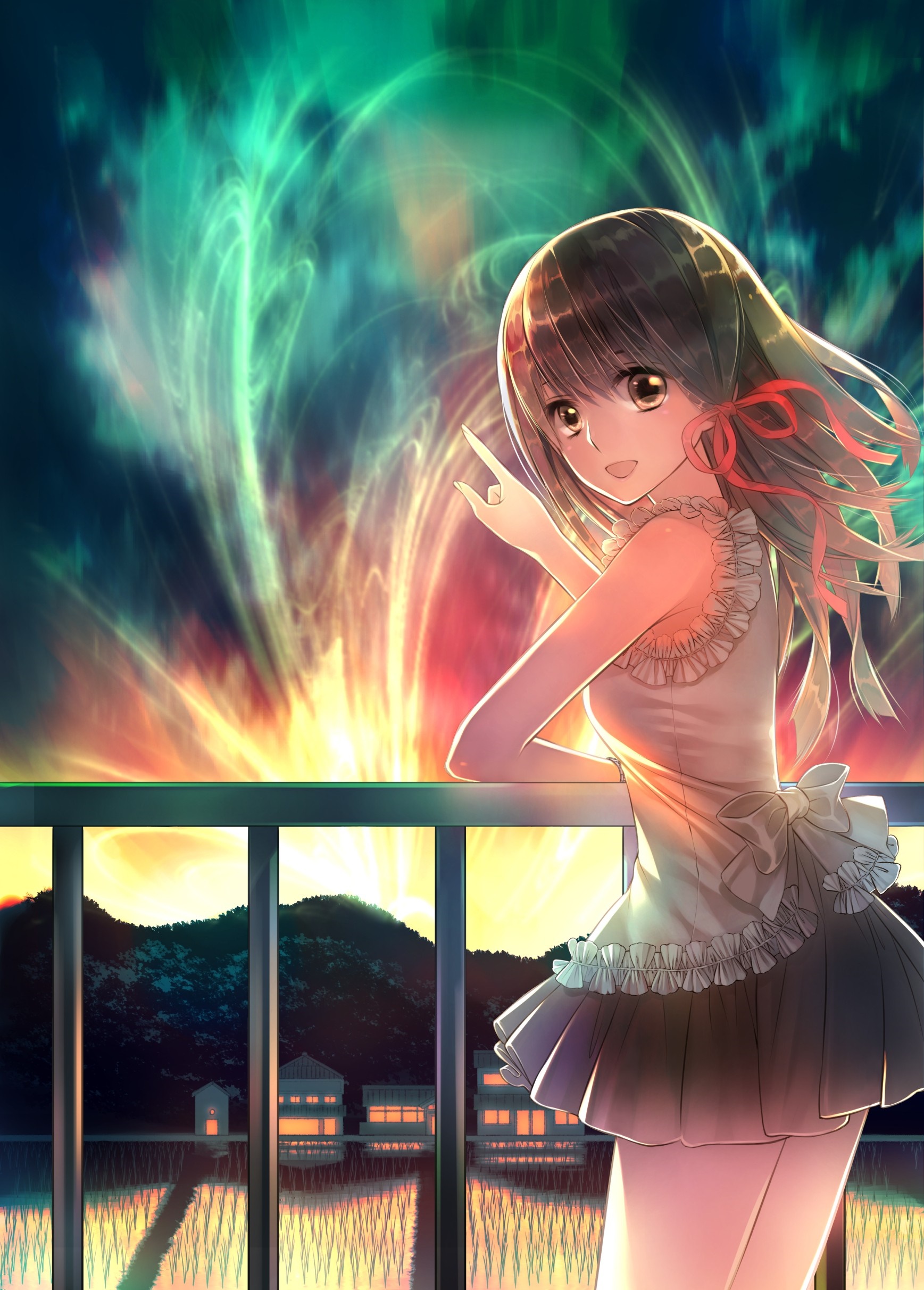 Anime girl with aurora borealis background HD Wallpaper