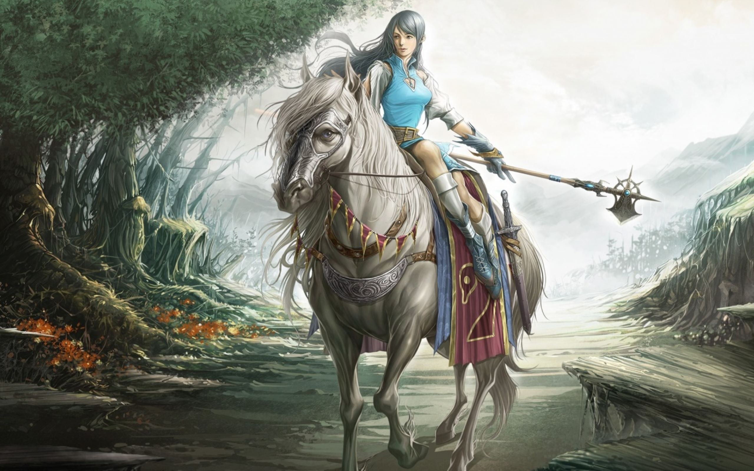 Woman in blue armor riding a white horse with a spear HD Wallpaper
