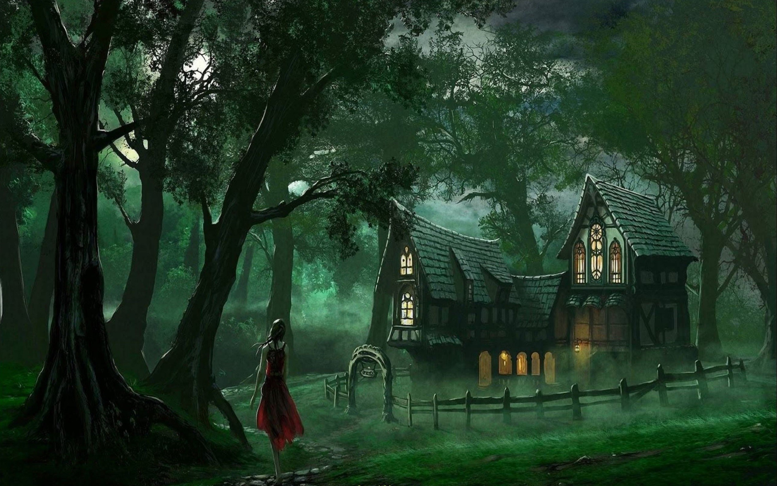 A woman in a red dress walks towards a cottage in a dark forest. HD Wallpaper