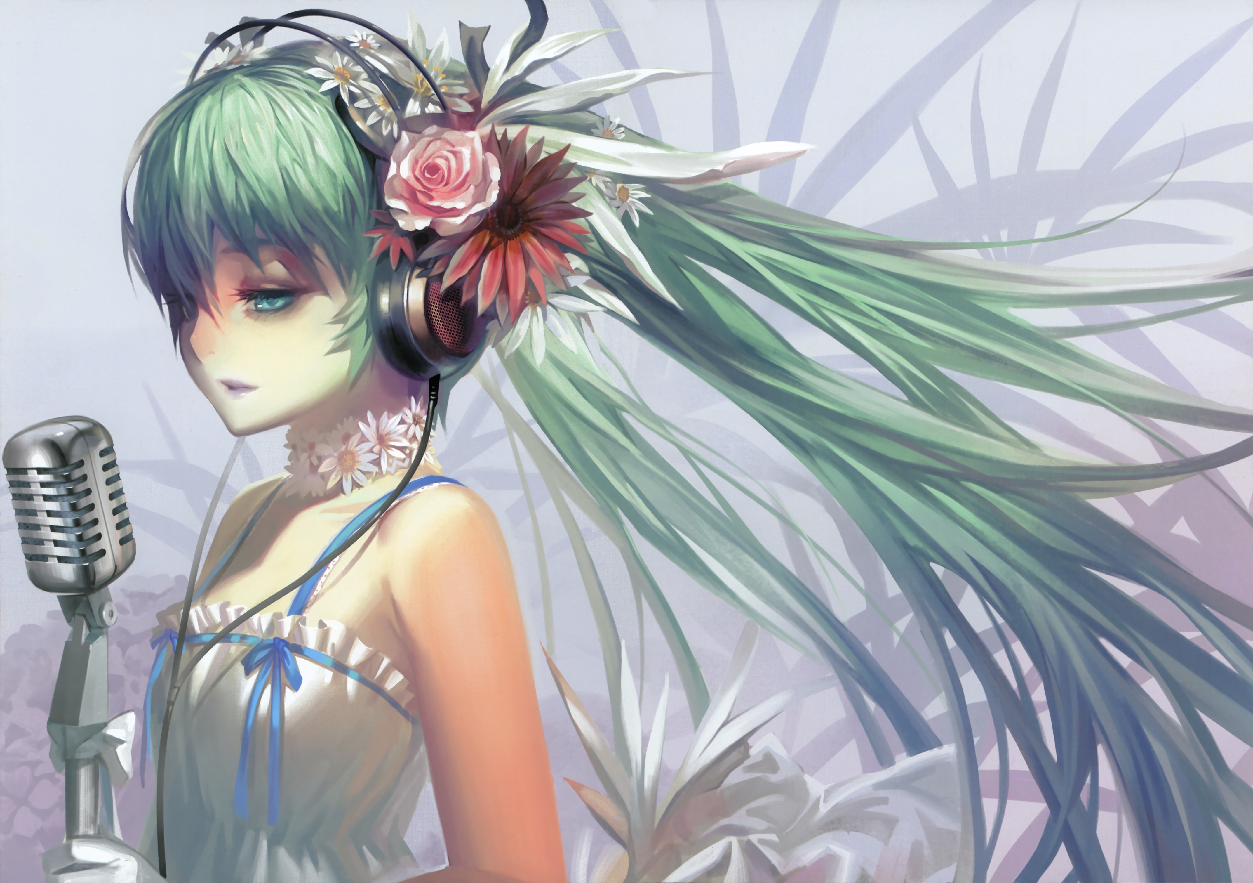 Hatsune Miku from Vocaloid with flowers and microphone HD Wallpaper
