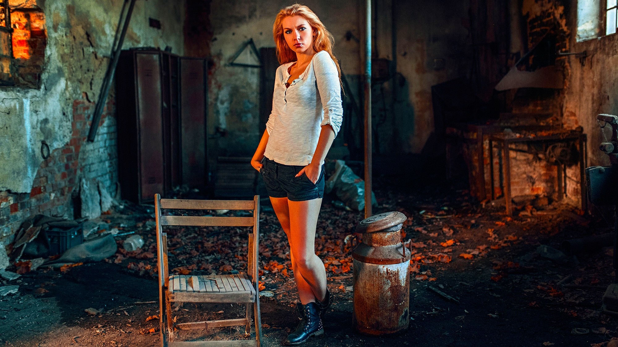 Woman in abandoned building with milk can HD Wallpaper
