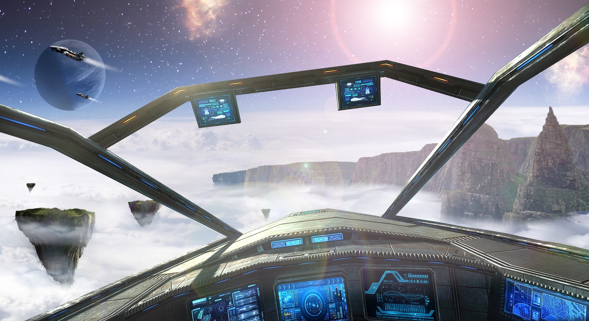View from a spaceship cockpit flying over floating islands HD Wallpaper