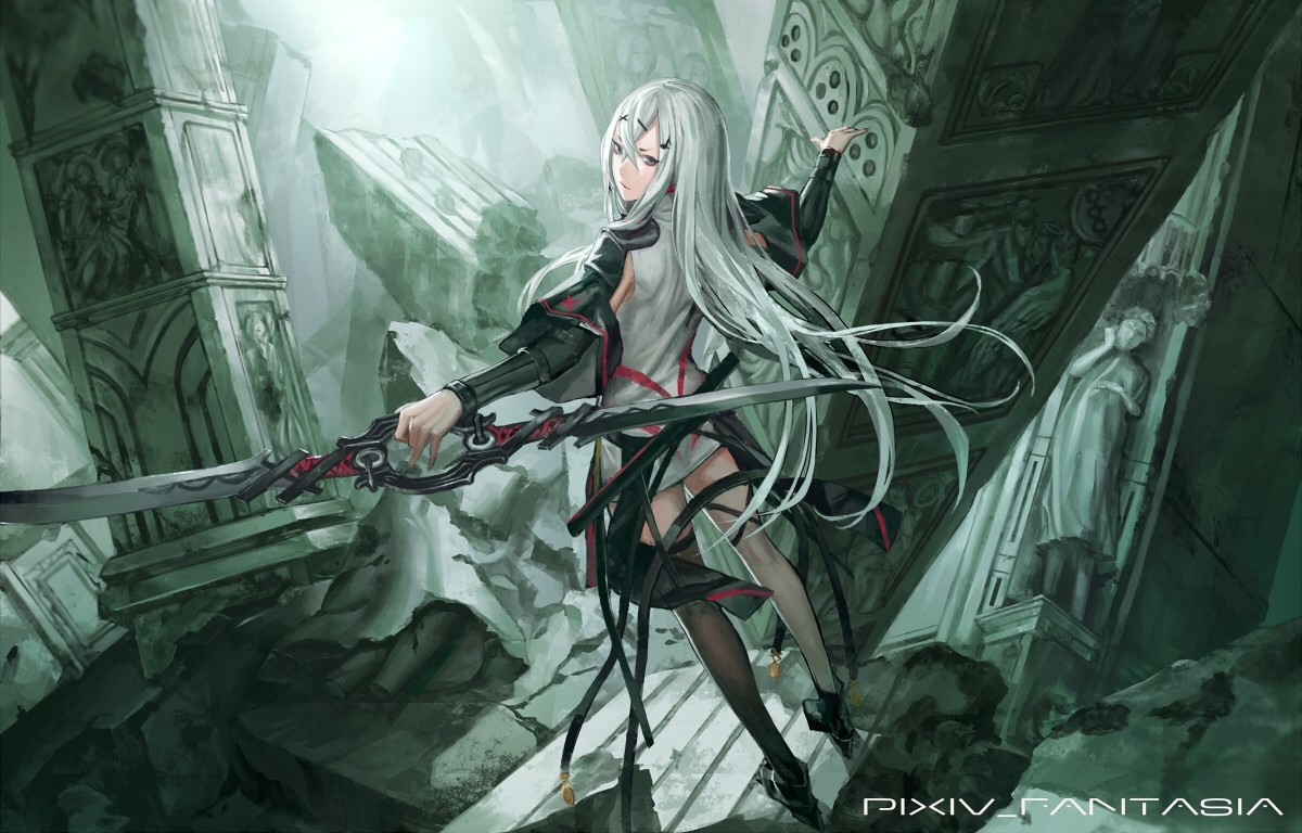Anime girl with white hair and fantasy weapon in ruins HD Wallpaper