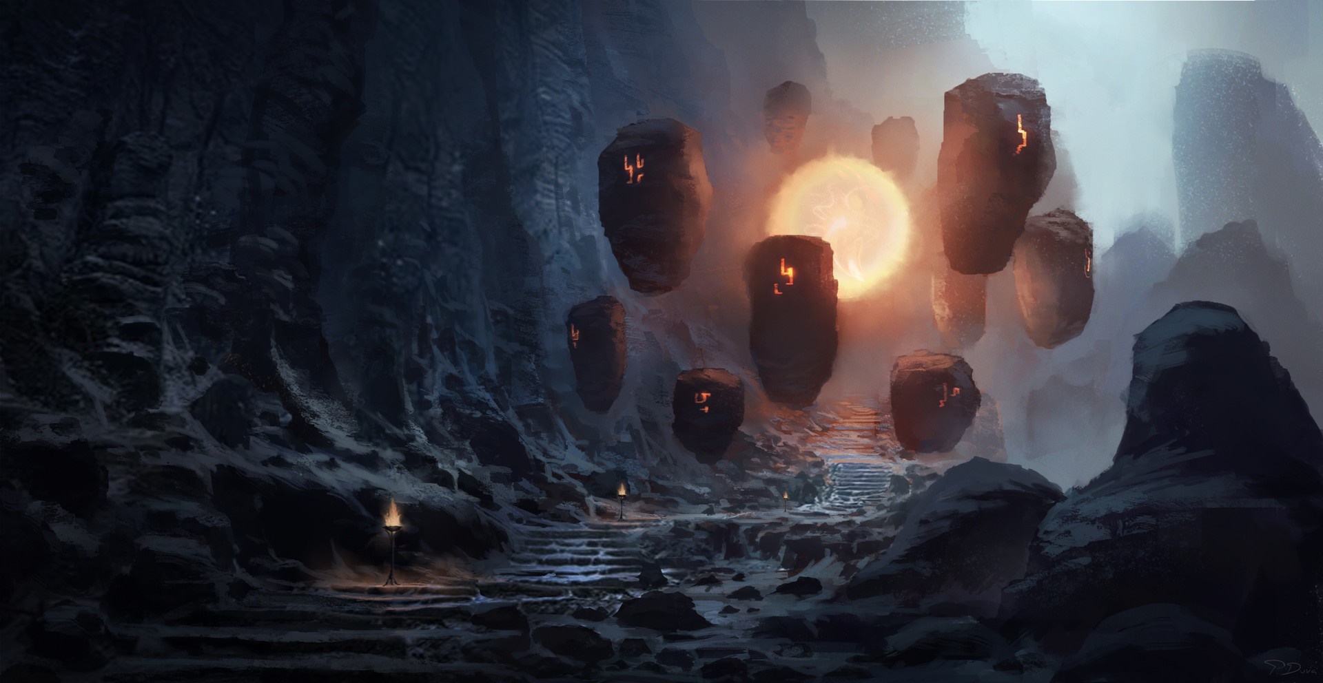 Fantasy cave with floating rocks and a bright orb HD Wallpaper