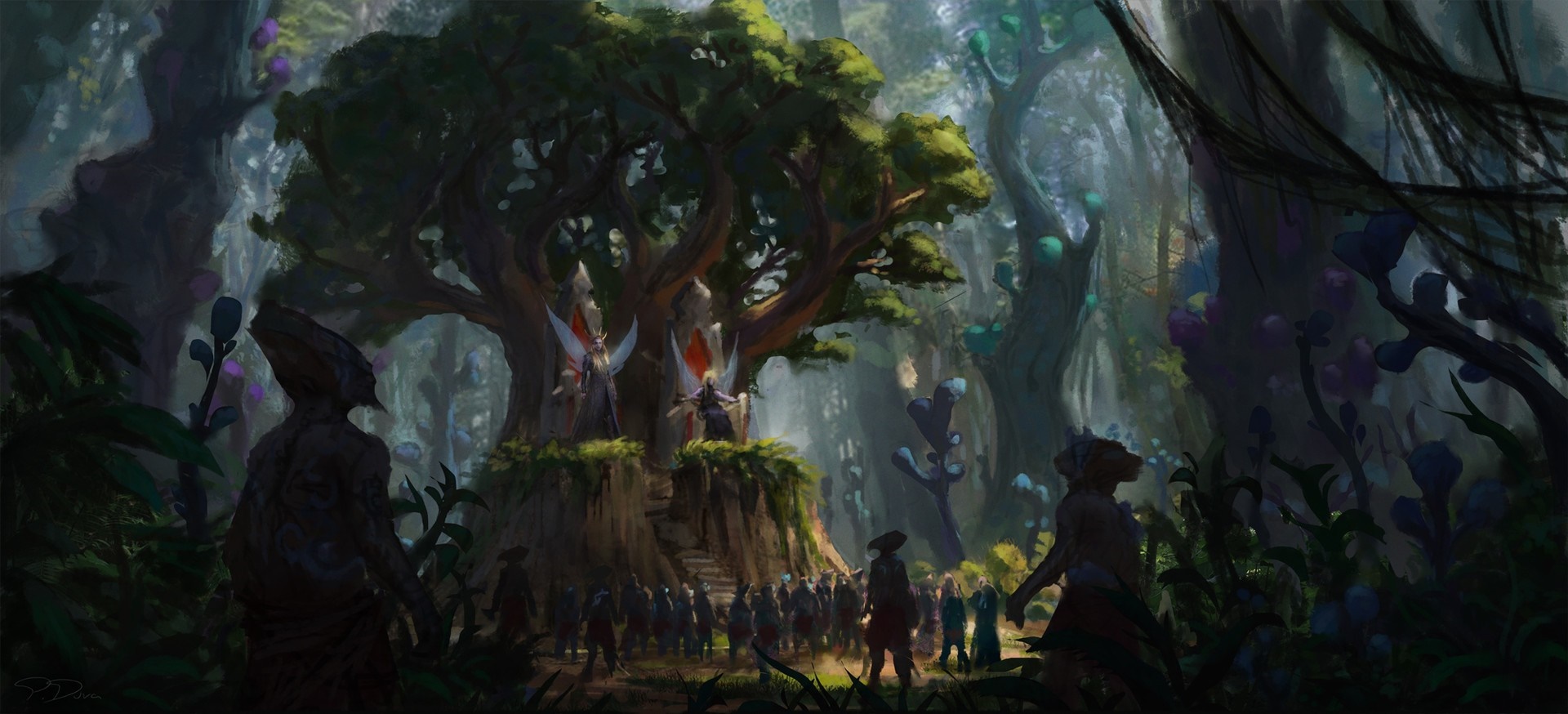 Fantasy forest with alien figures and a gathering HD Wallpaper