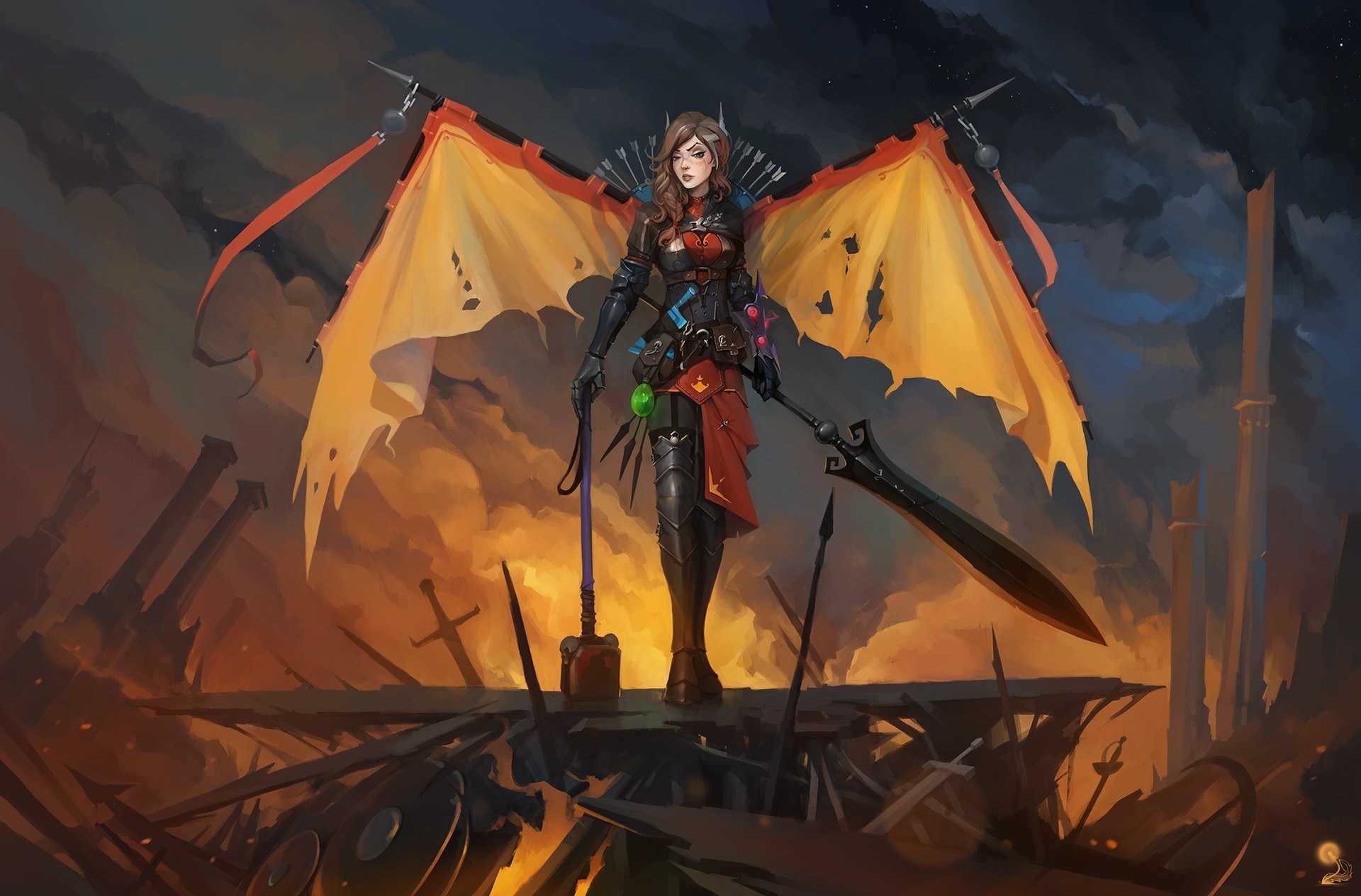Fantasy warrior with dragon wings and sword HD Wallpaper