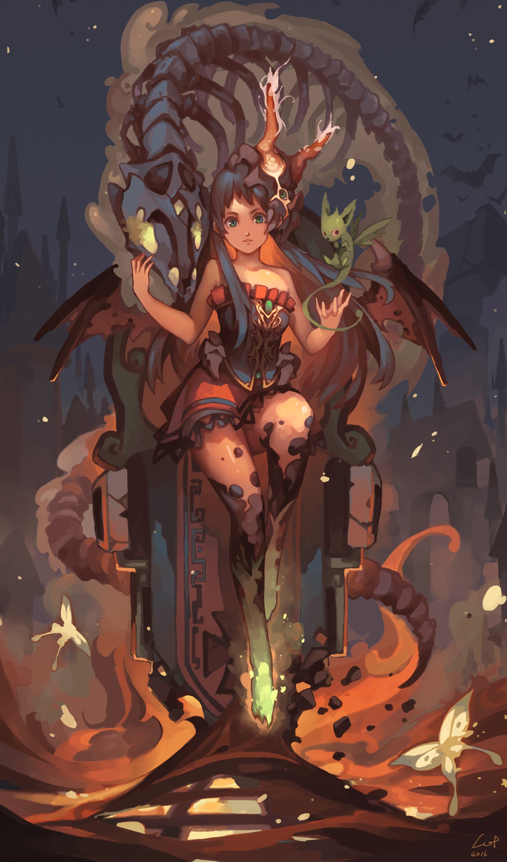 Girl with dragon skeleton and fairy companion HD Wallpaper