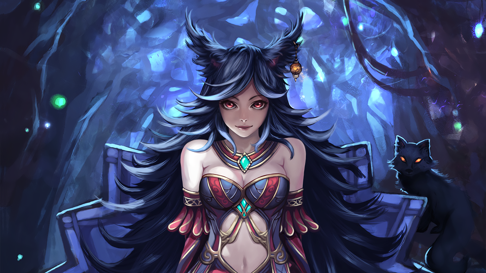 Ahri from League of Legends with a black cat HD Wallpaper