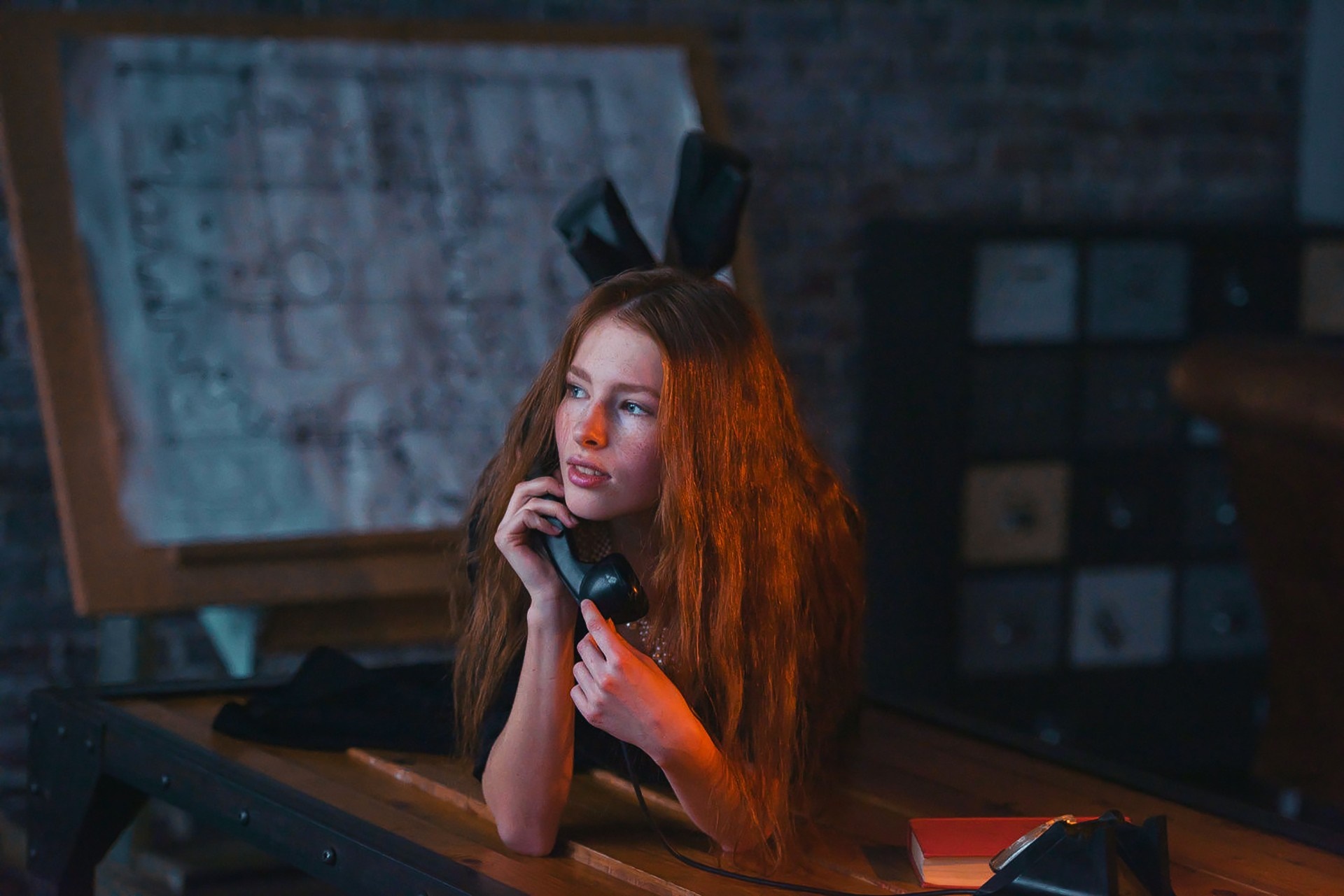 Redhead woman with bunny ears on the phone HD Wallpaper