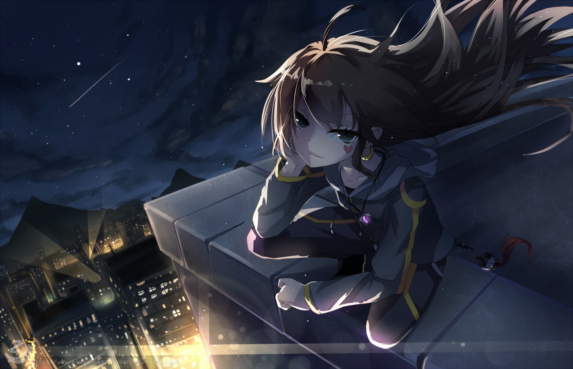 Anime girl sitting on a rooftop at night HD Wallpaper