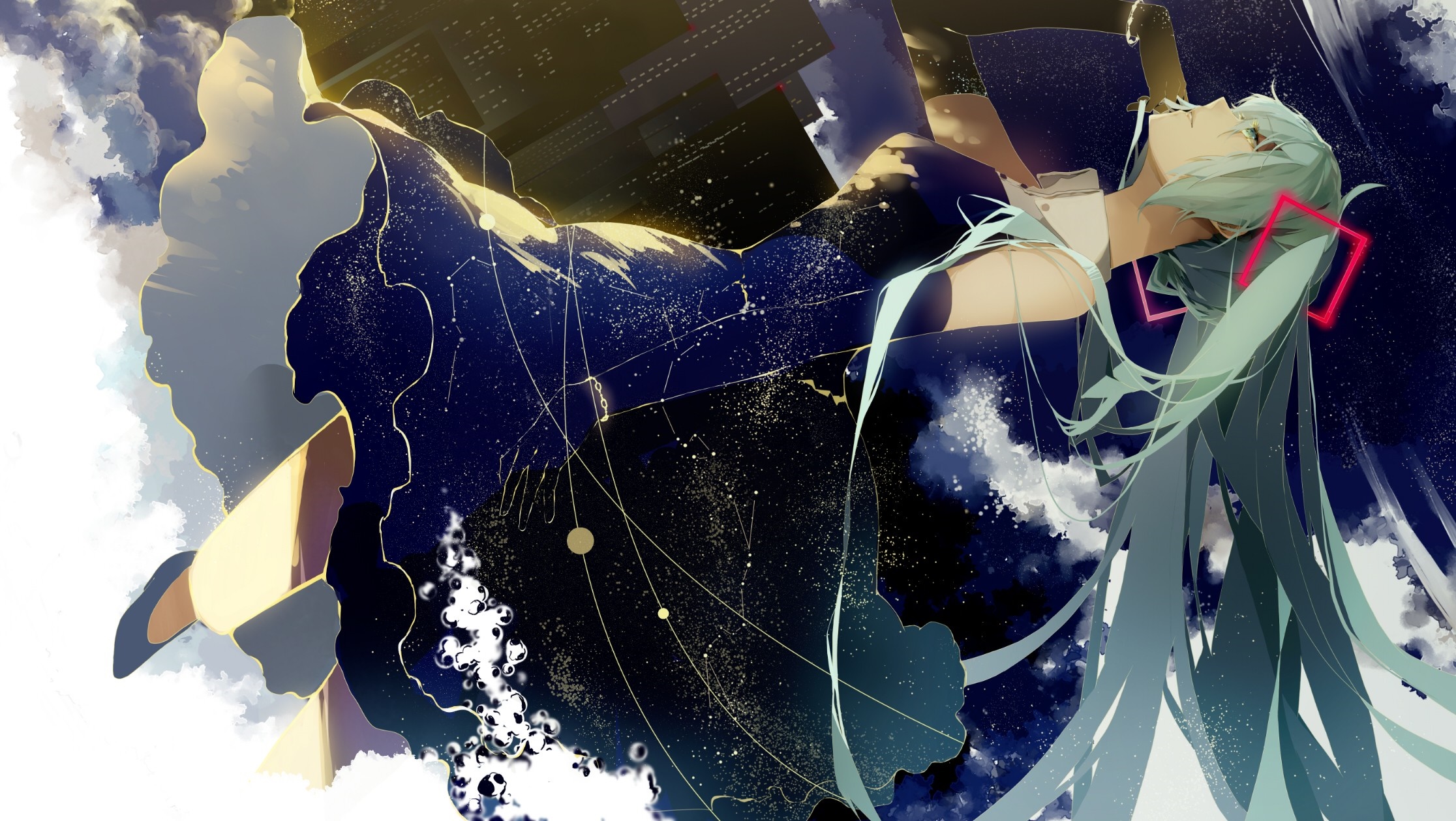 Hatsune Miku floating in space with city and clouds HD Wallpaper