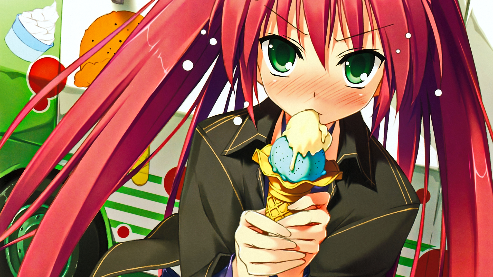 Anime girl with pink hair eating ice cream HD Wallpaper