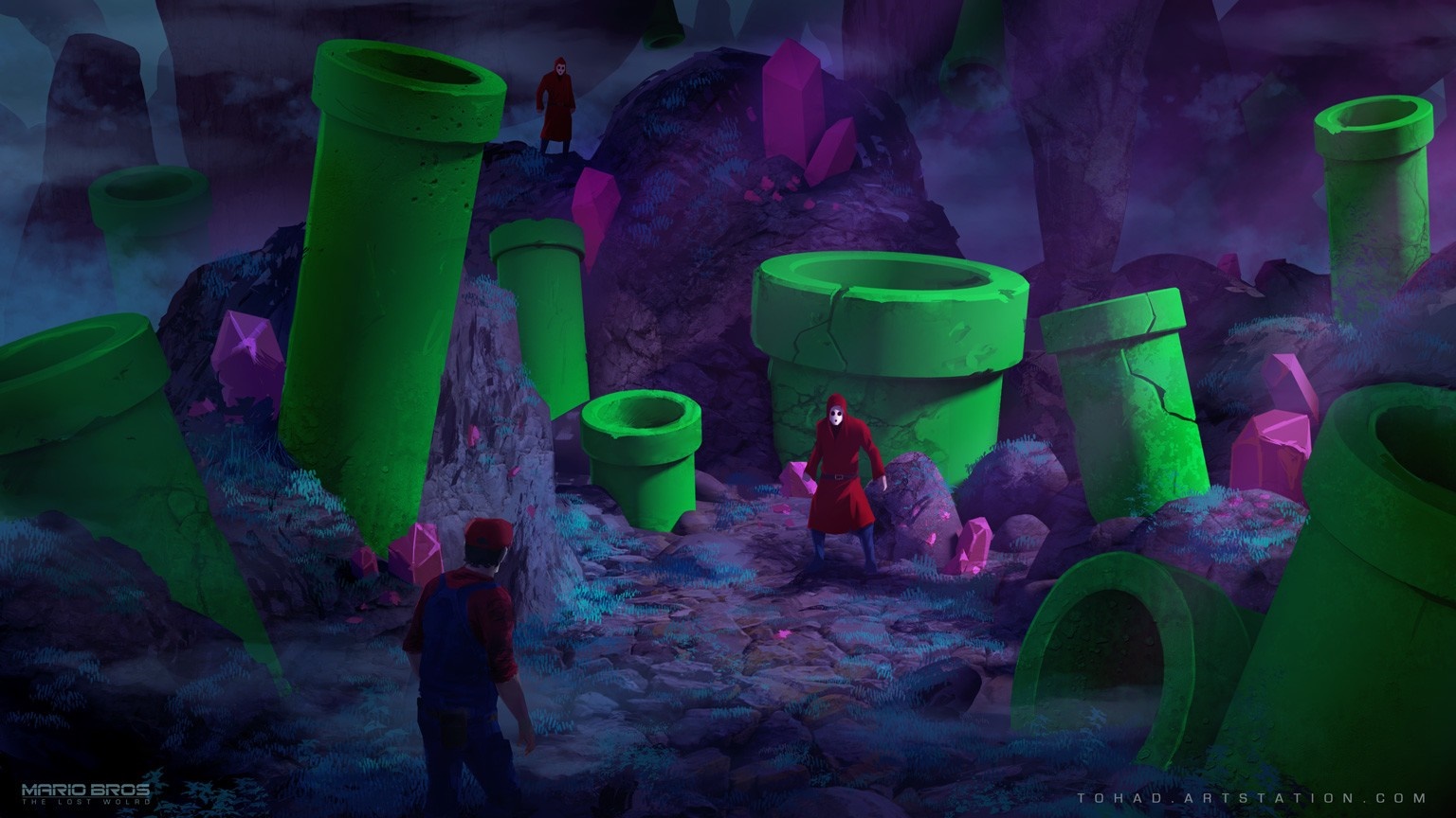 Mario from Super Mario Bros. in a surreal landscape HD Wallpaper