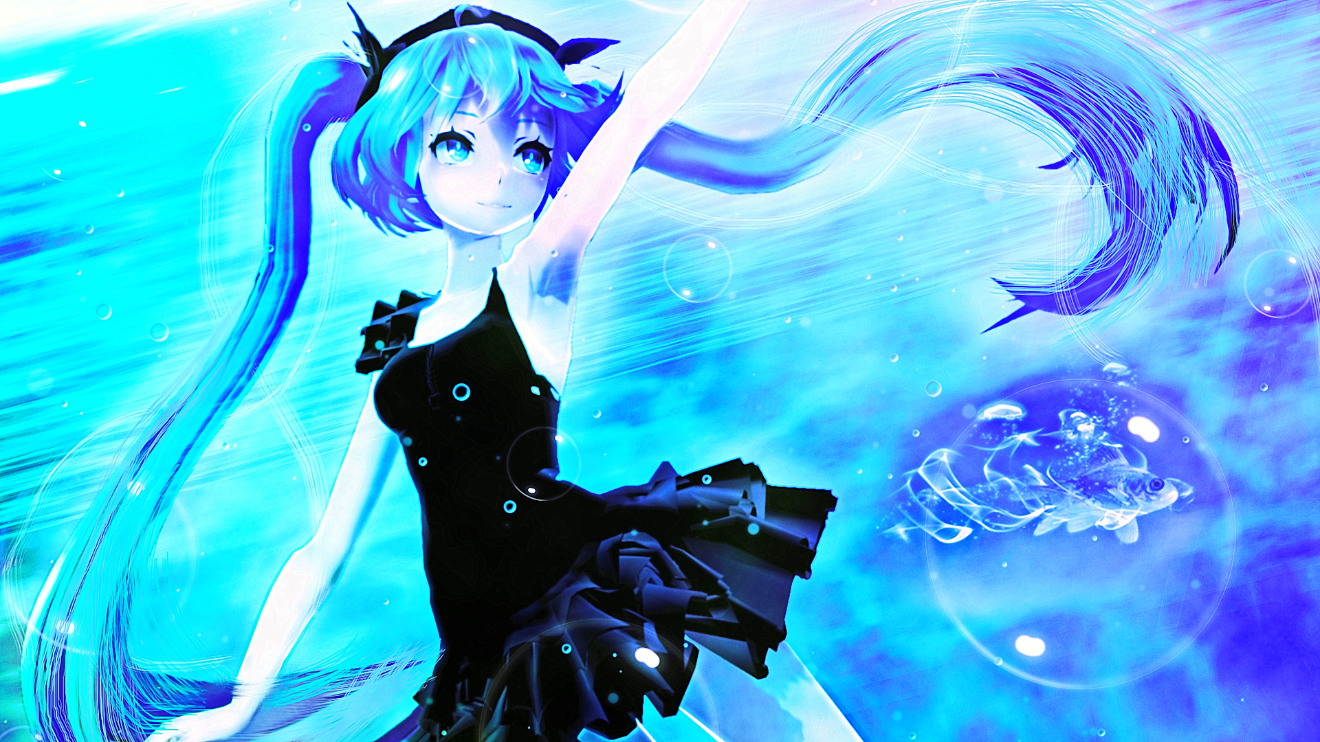 Hatsune Miku in a black dress underwater HD Wallpaper