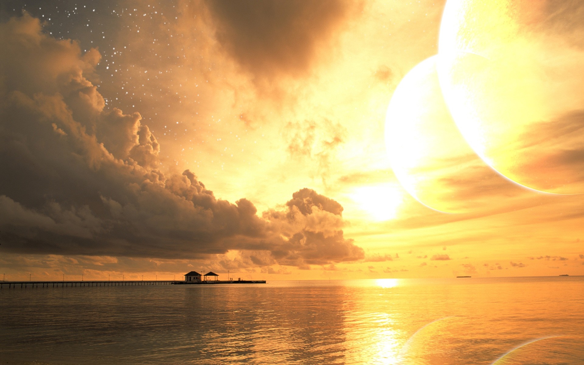 Fantasy sunset over the ocean with planets and a pier HD Wallpaper