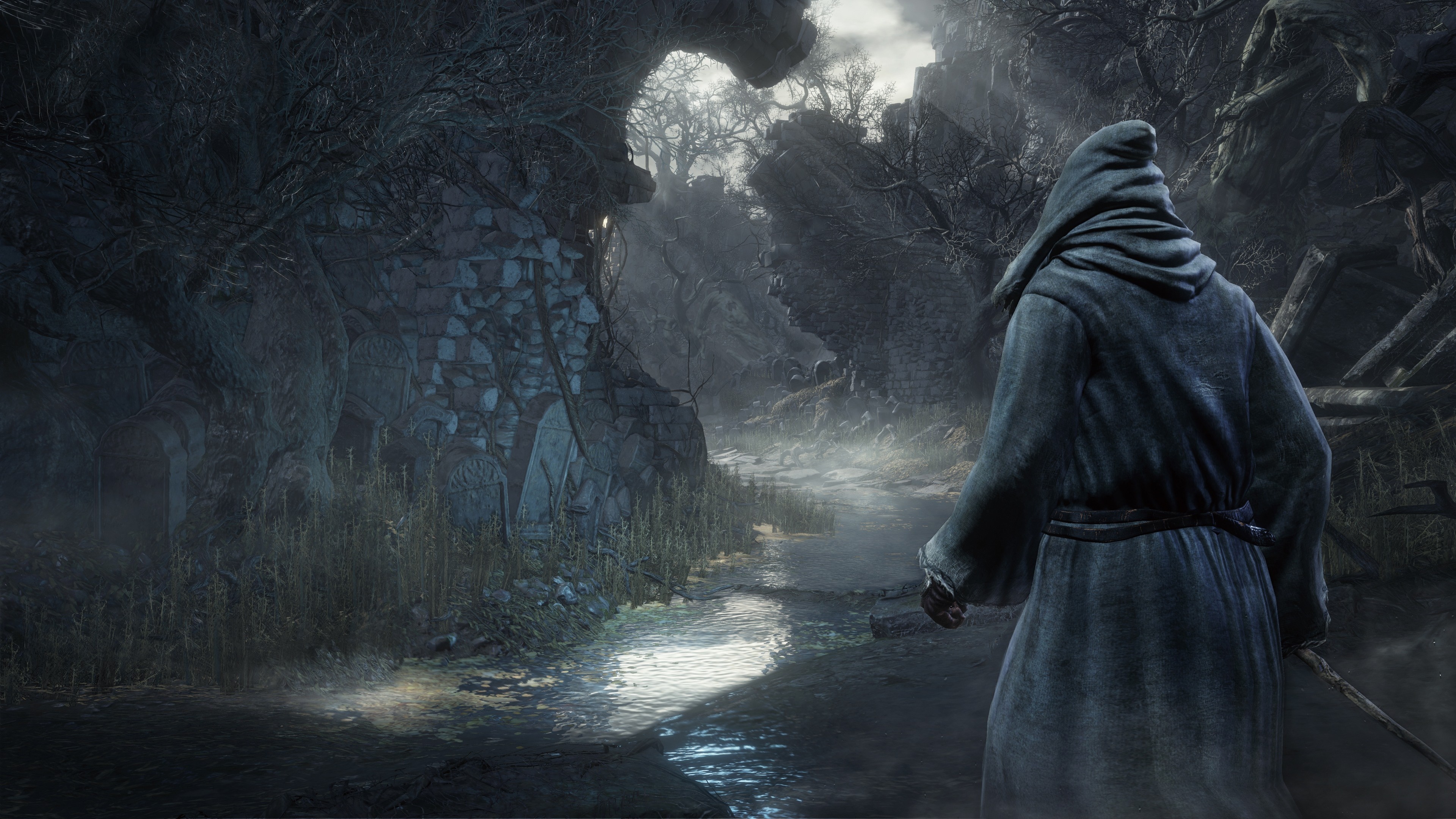 Dark Souls III screenshot of a hooded figure in a dark forest HD Wallpaper