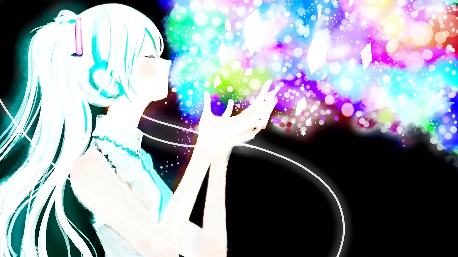 Hatsune Miku with colorful light particles HD Wallpaper