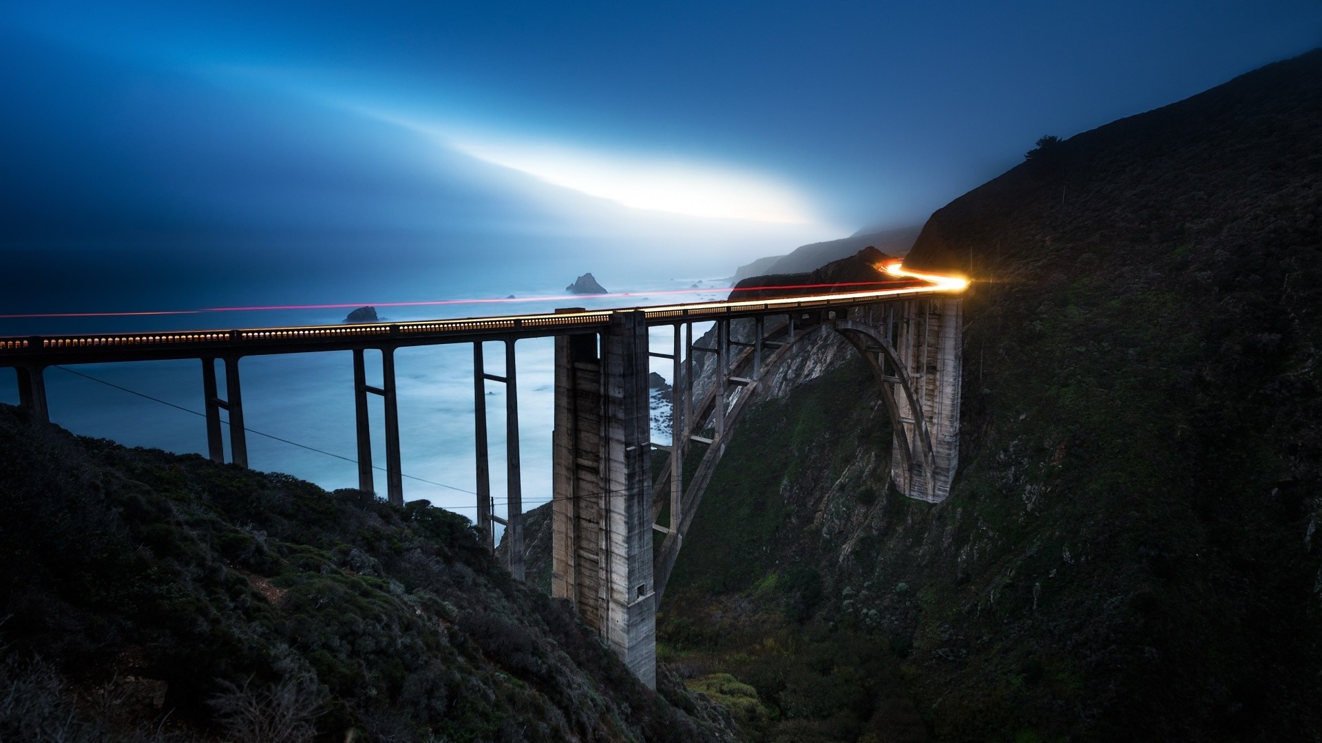 Bixby Bridge at night with light trails HD Wallpaper