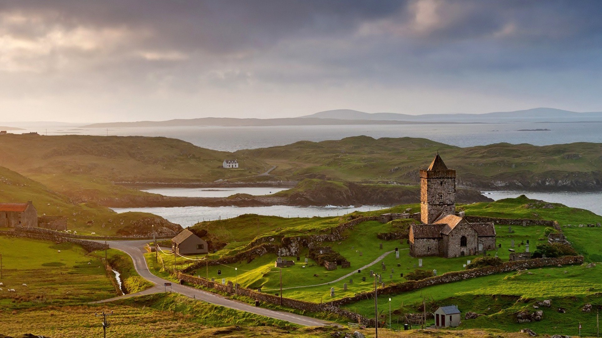 Iona Abbey and landscape with sea and hills HD Wallpaper