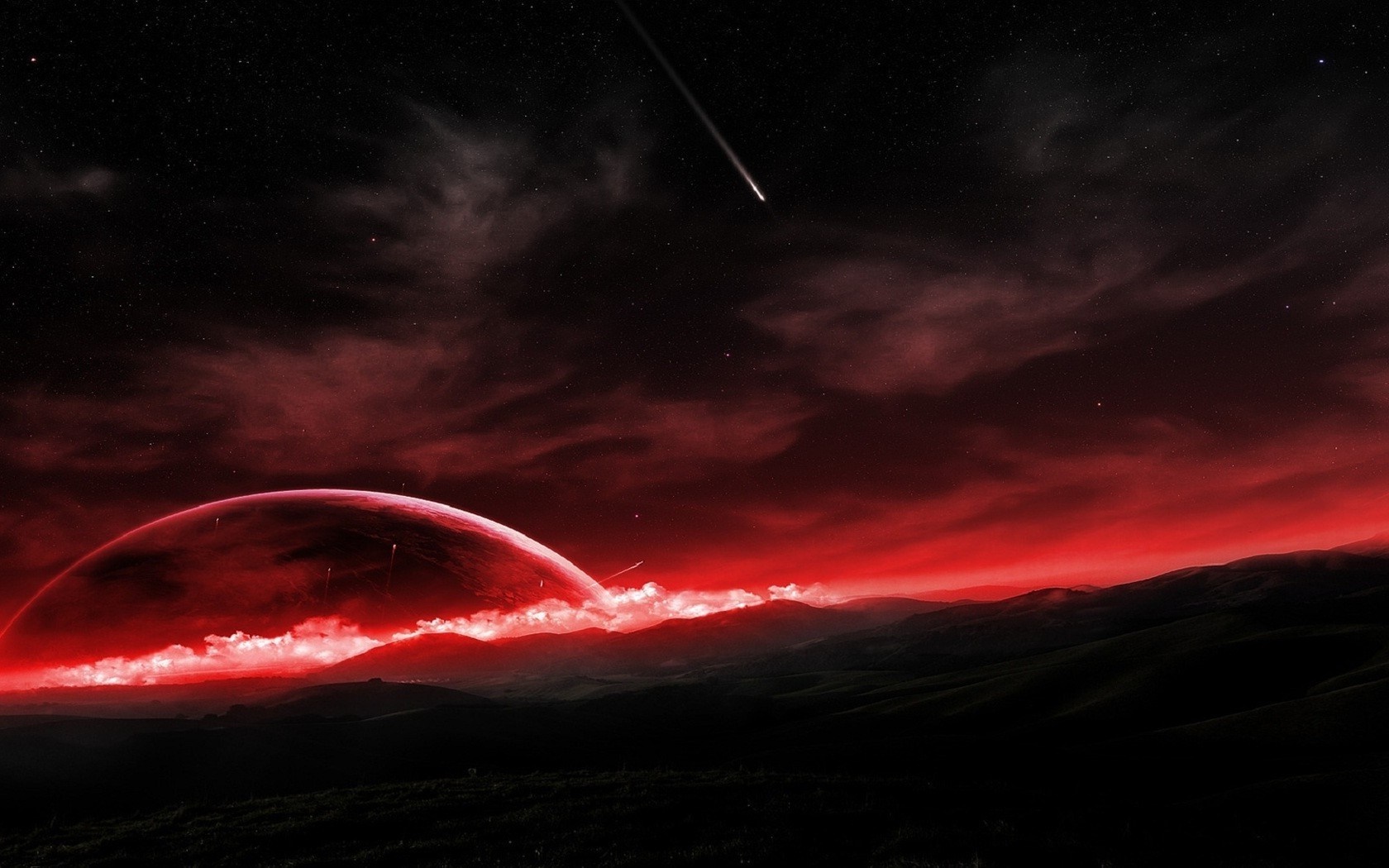 Red planet and comet in a dark starry sky HD Wallpaper