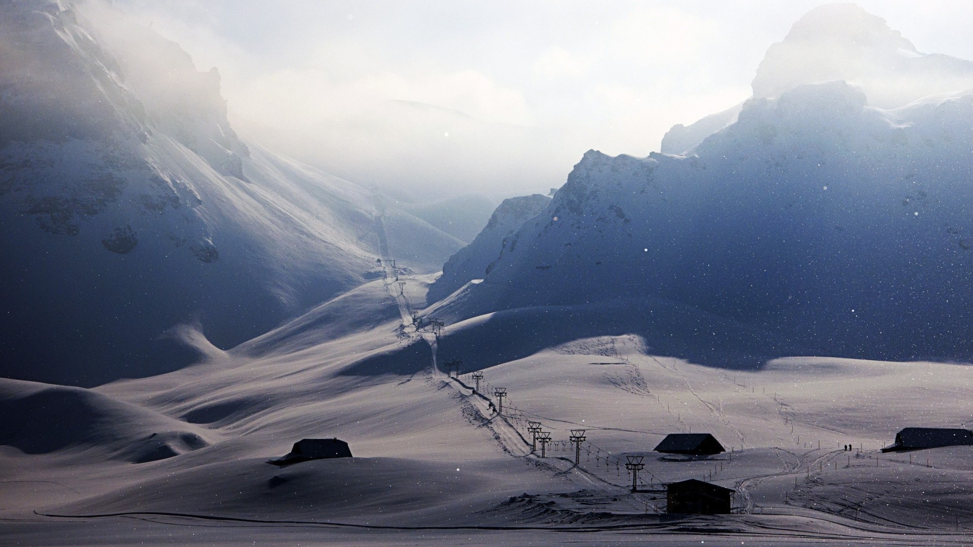 Snowy mountains with ski lifts and houses HD Wallpaper