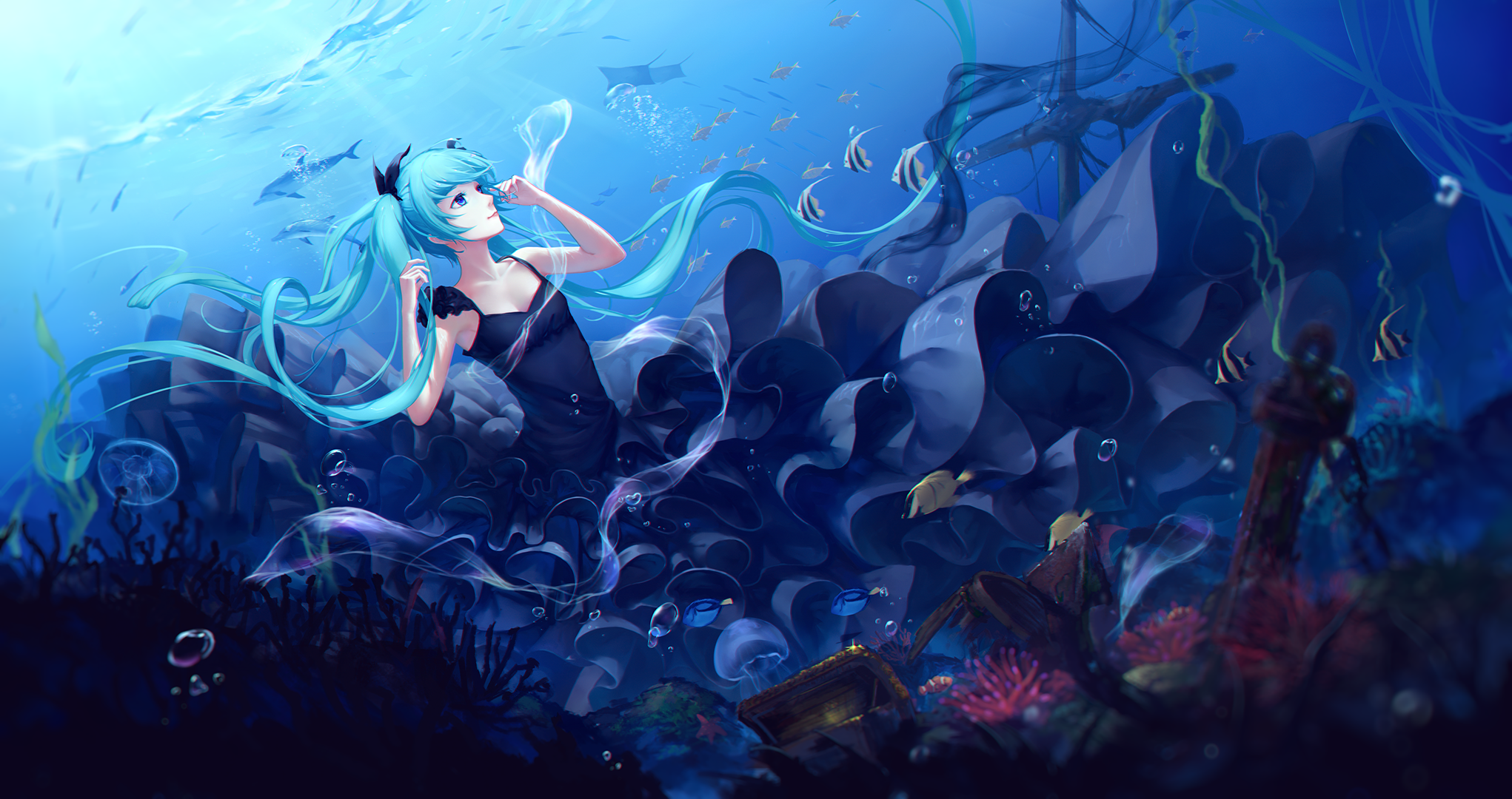 Hatsune Miku underwater with shipwreck and marine life HD Wallpaper