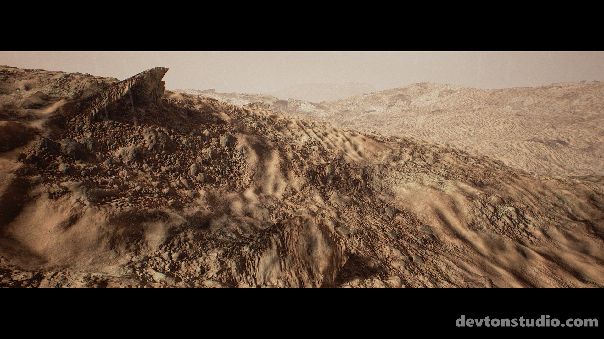 Martian landscape with rocky terrain and sand dunes HD Wallpaper