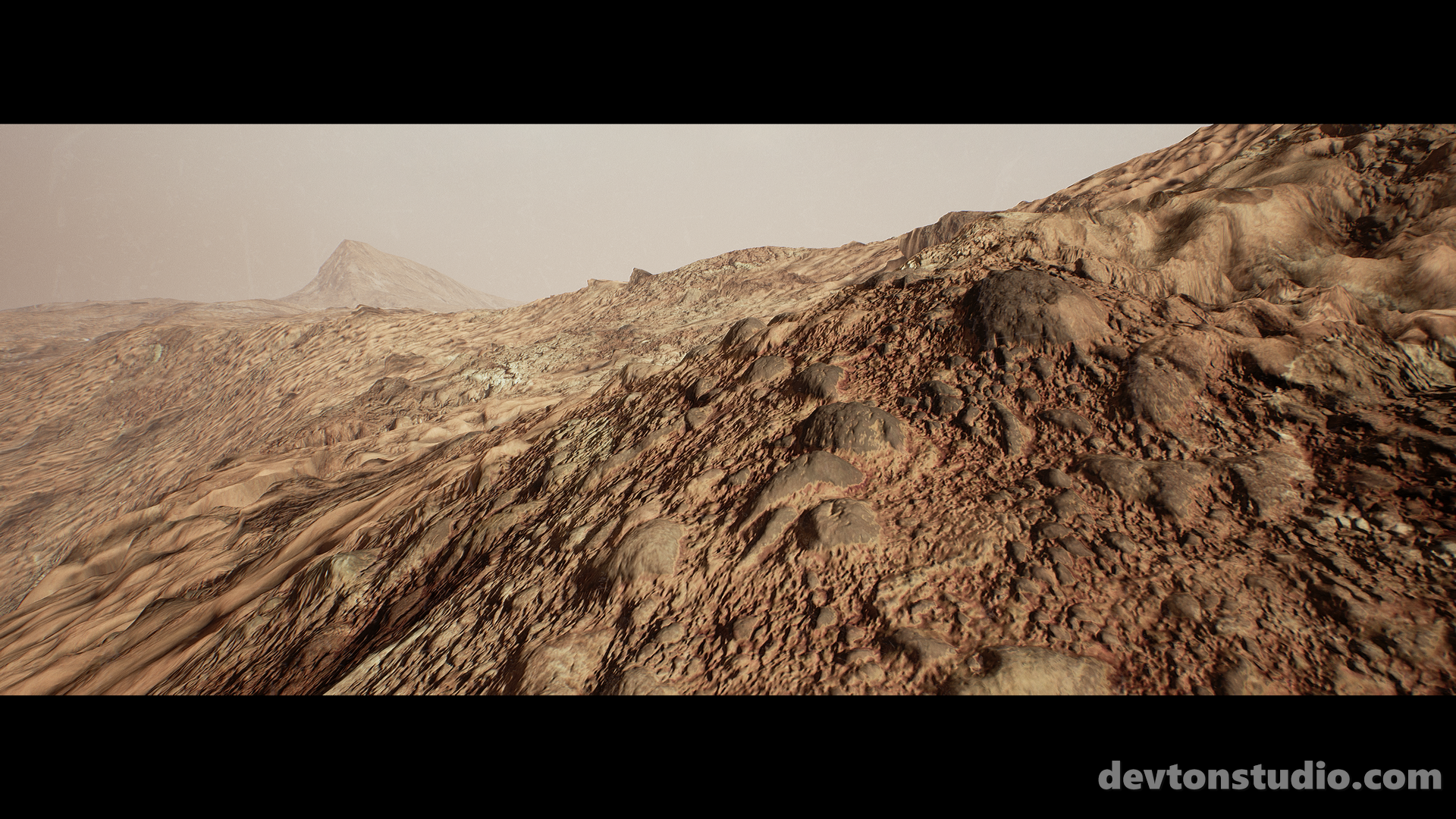 Unreal Engine 4 rendered rocky Martian landscape with distant mountain HD Wallpaper