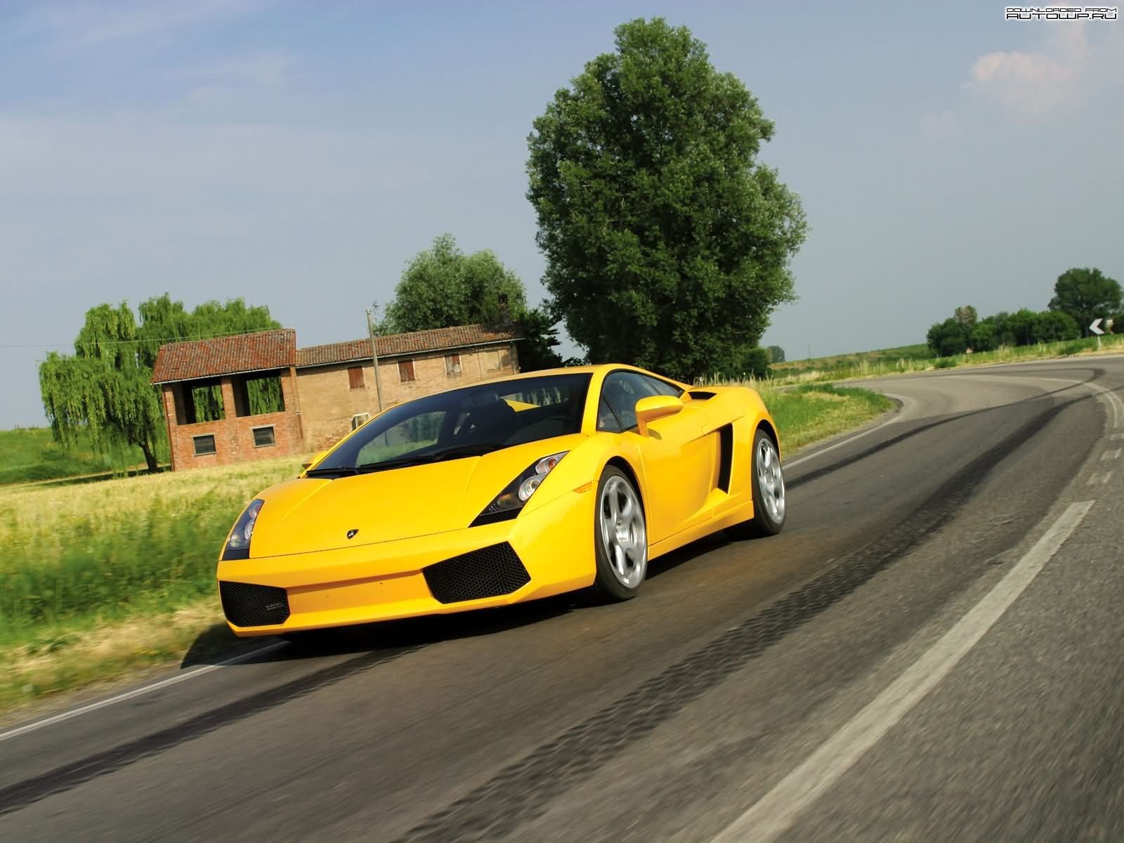 Yellow Lamborghini Gallardo driving on a country road HD Wallpaper