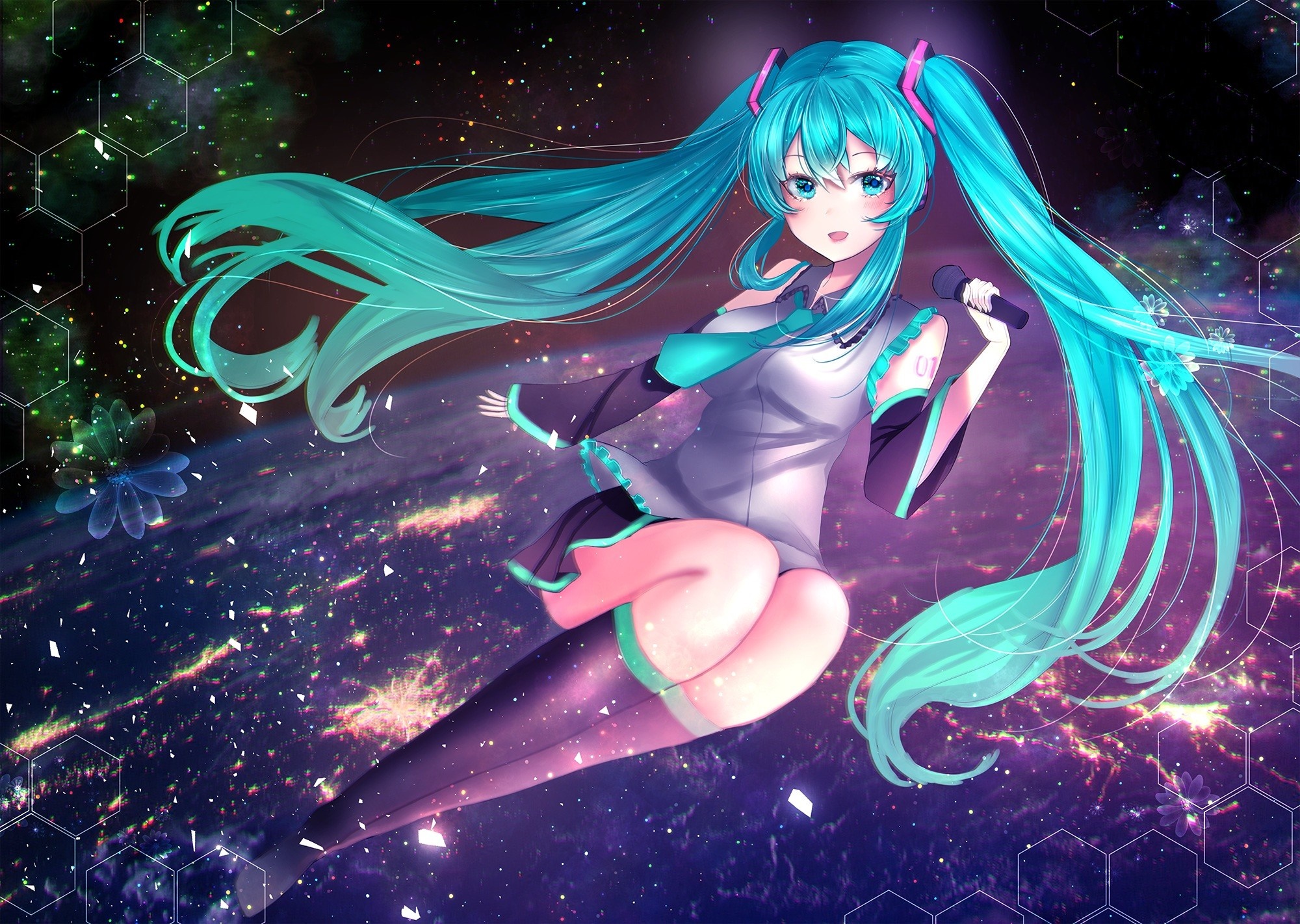 Hatsune Miku from Vocaloid in space HD Wallpaper