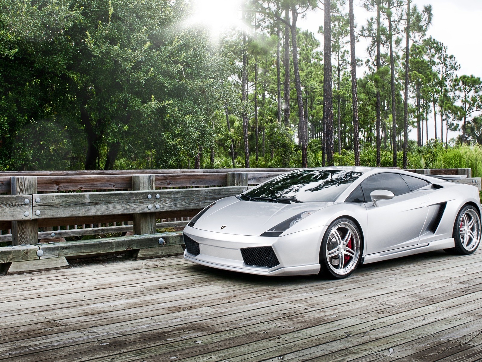 Silver Lamborghini Gallardo on a wooden bridge HD Wallpaper