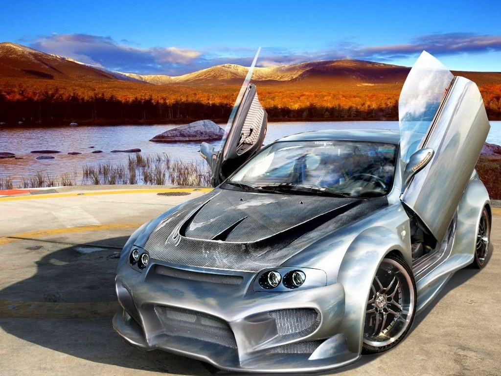 Silver sports car with butterfly doors and carbon fiber hood HD Wallpaper