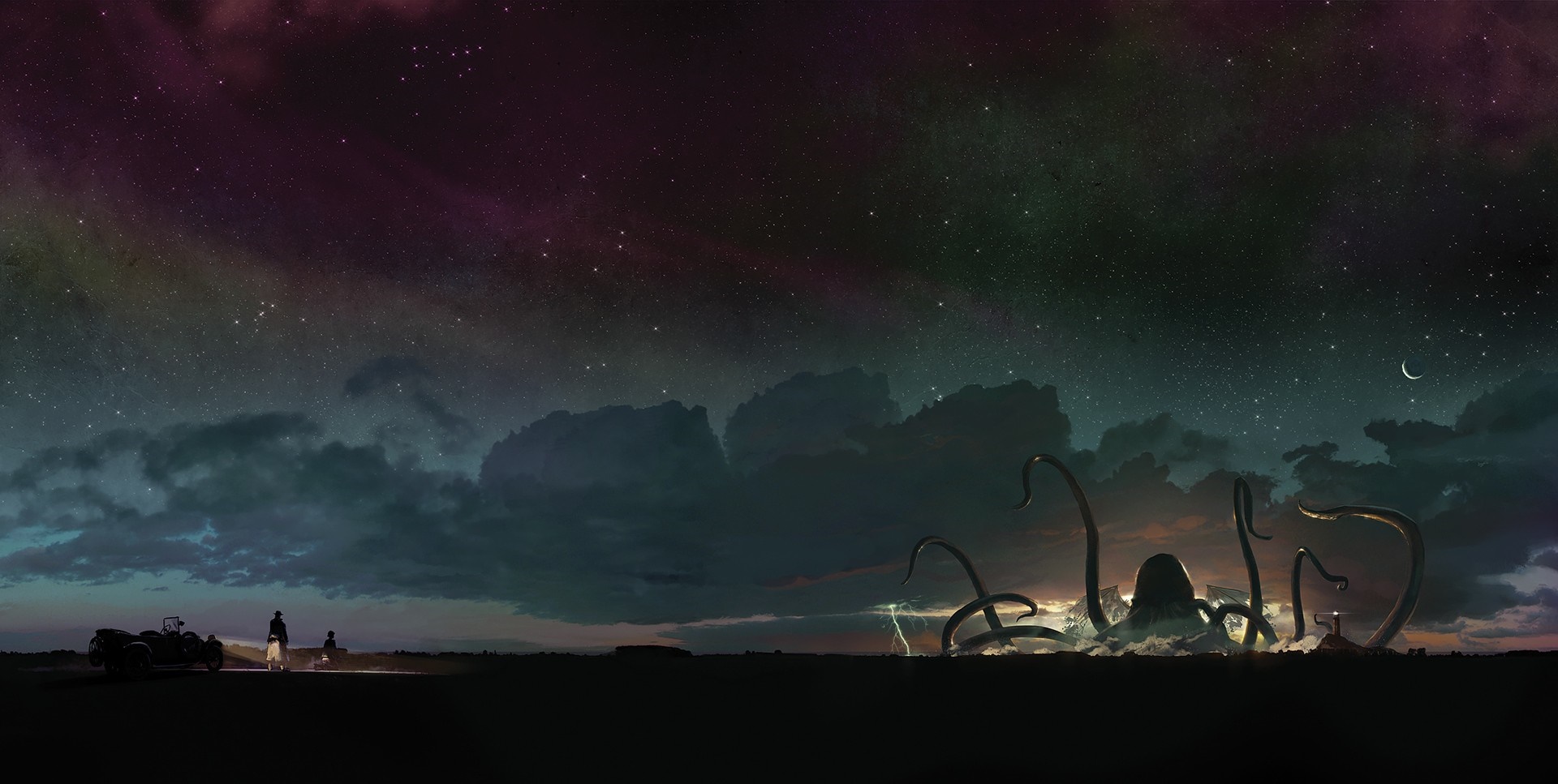 Cthulhu monster and people under aurora HD Wallpaper