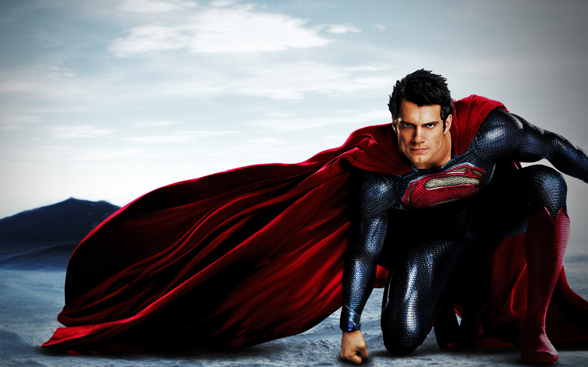 Superman crouching with red cape HD Wallpaper