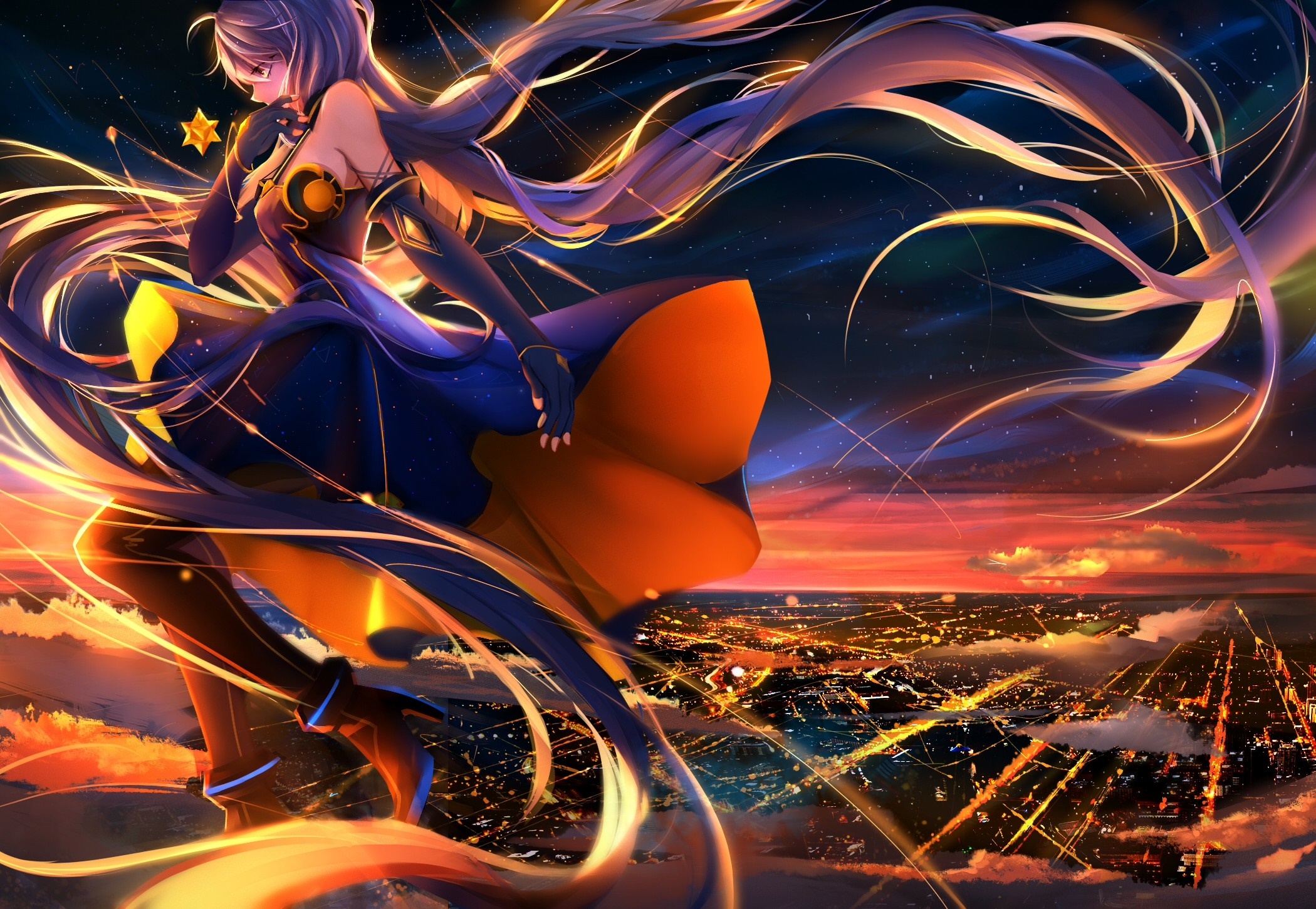 Anime girl with long hair floating over a city at sunset HD Wallpaper