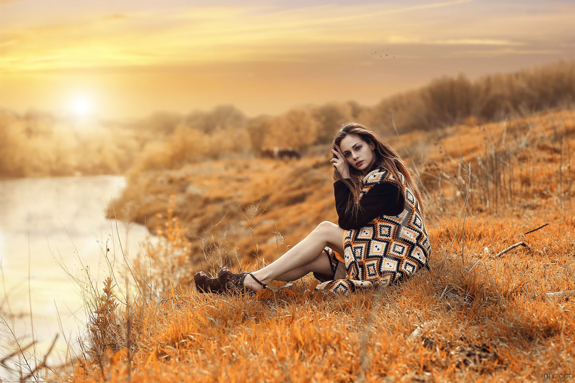 Woman sitting on a grassy hill during autumn sunset HD Wallpaper
