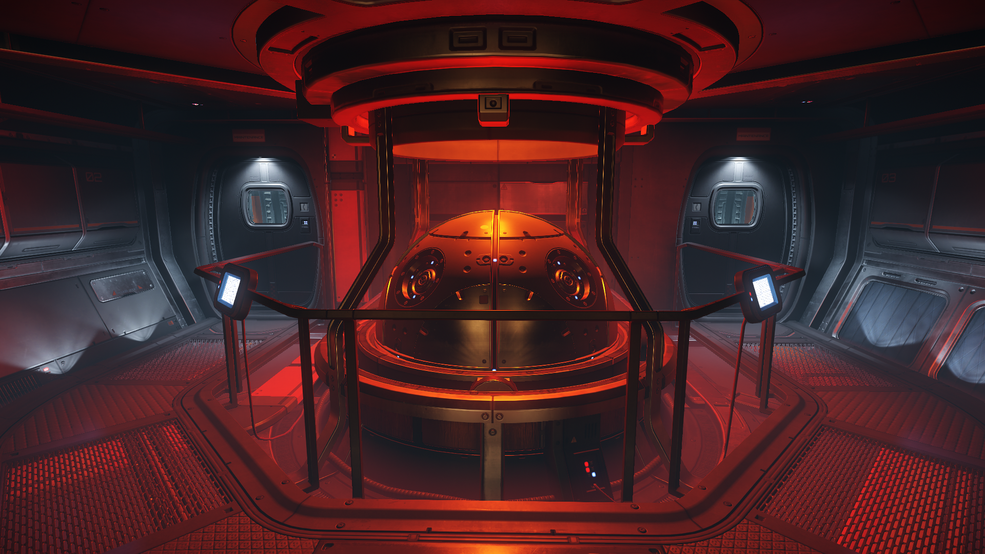 Interior of a spaceship with a central pod and red lighting HD Wallpaper
