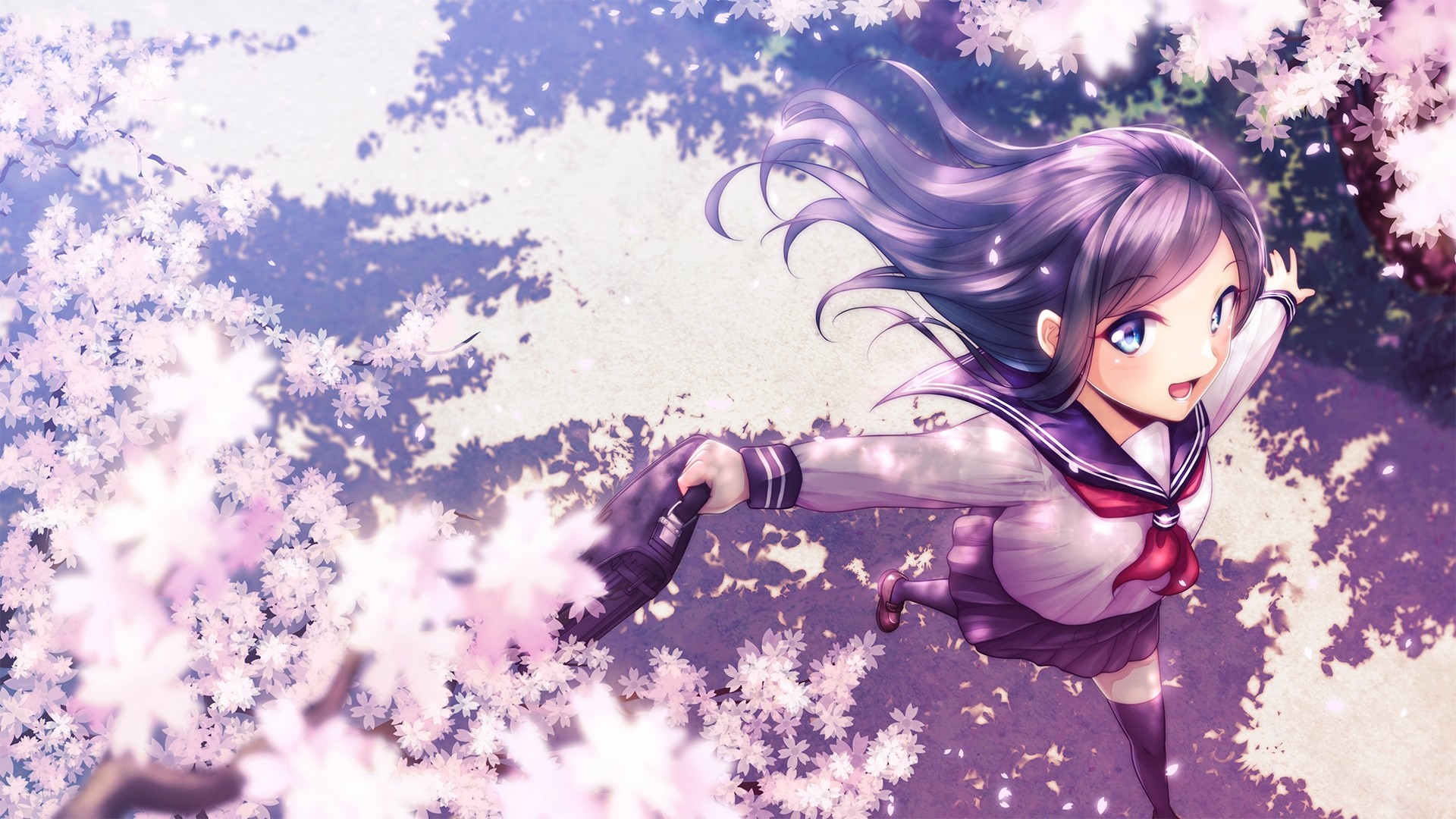 Anime girl in school uniform under cherry blossoms HD Wallpaper