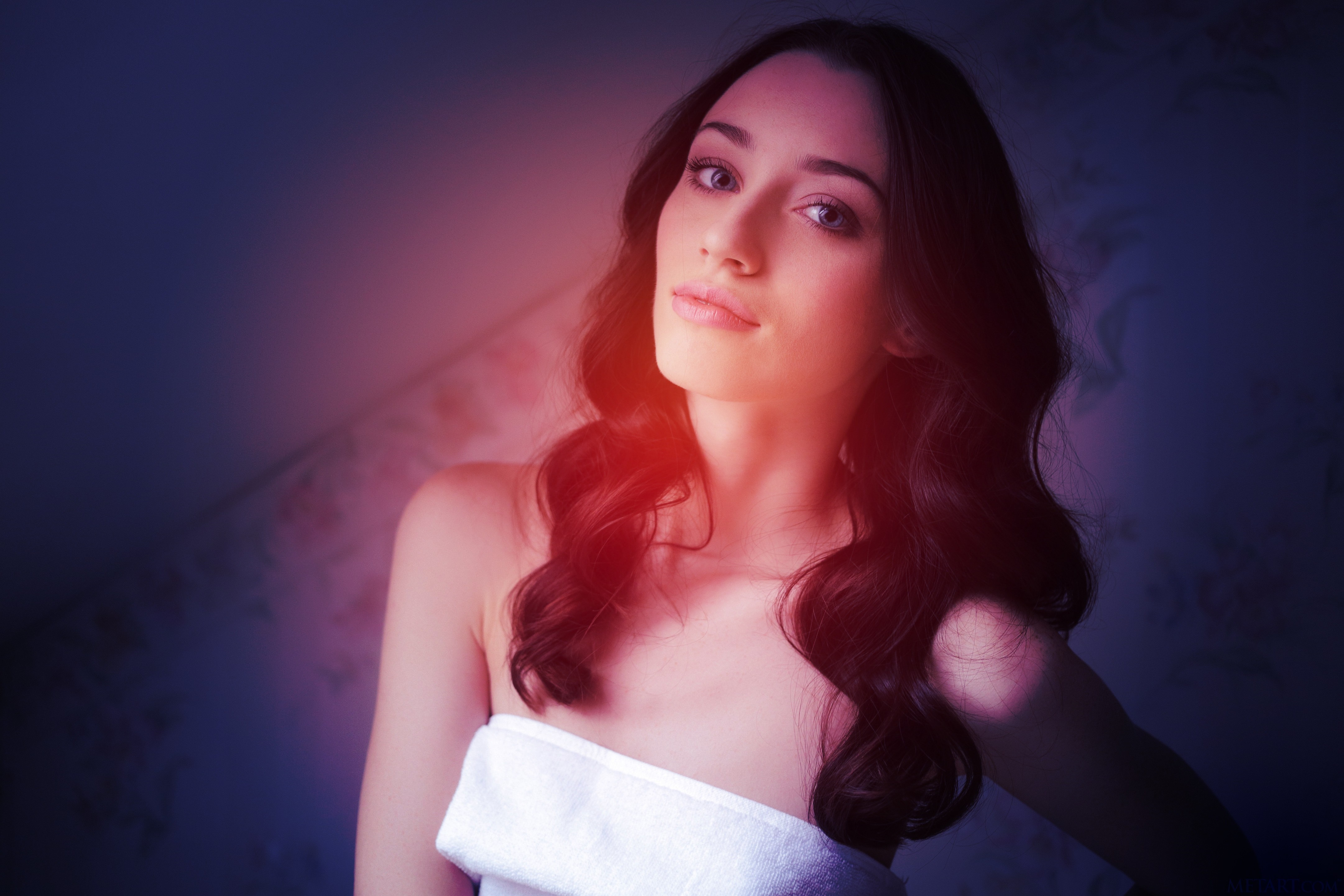 Woman with dark wavy hair wrapped in a towel HD Wallpaper