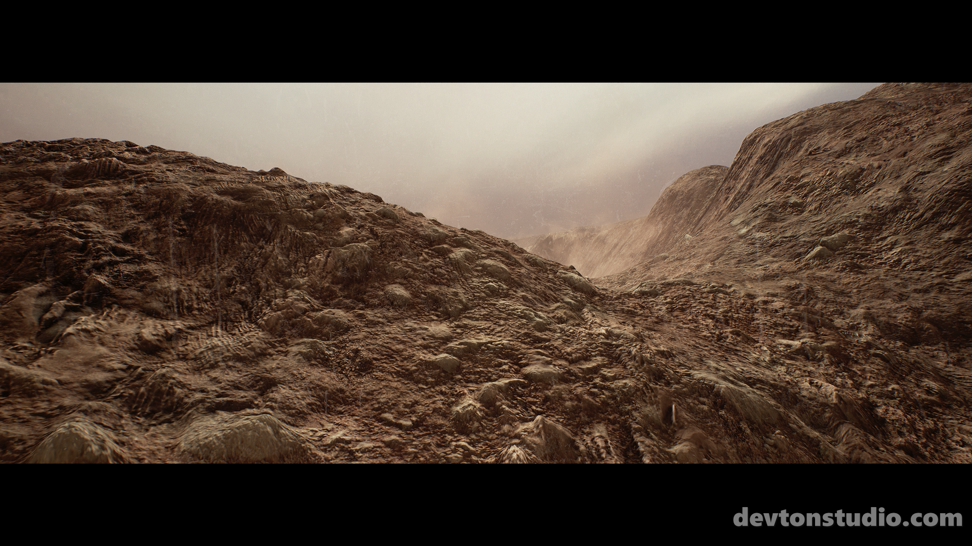 Rocky terrain with mountains and dust in the distance HD Wallpaper