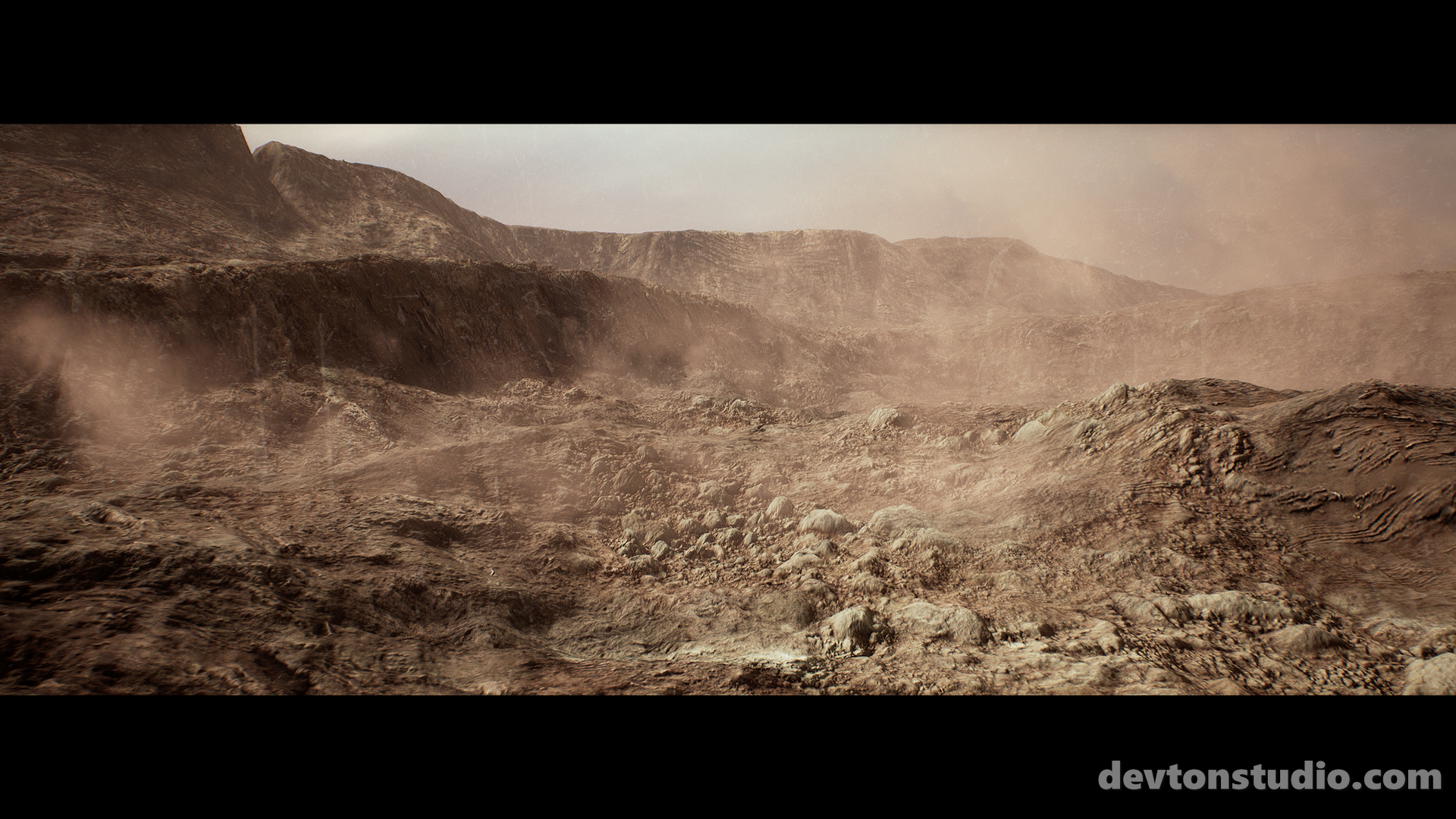 Dusty rocky terrain with mountains and atmospheric haze HD Wallpaper