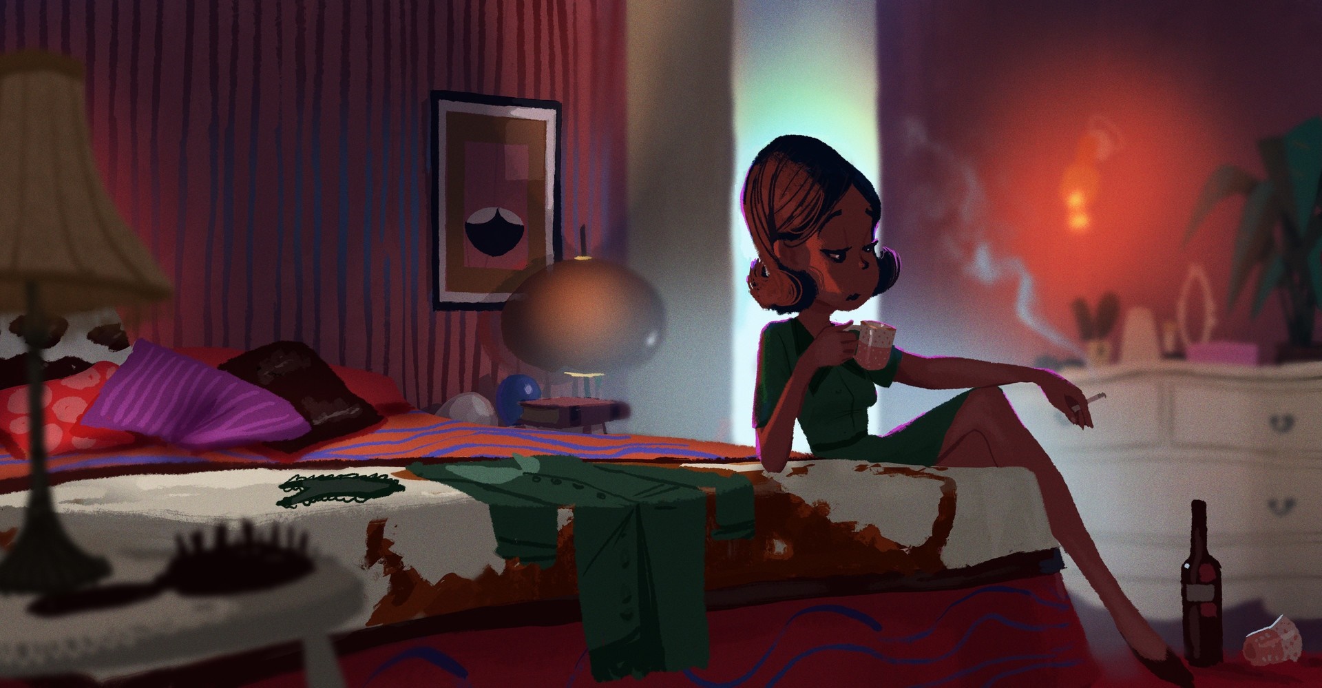 Woman in green dress smoking and drinking in a bedroom HD Wallpaper