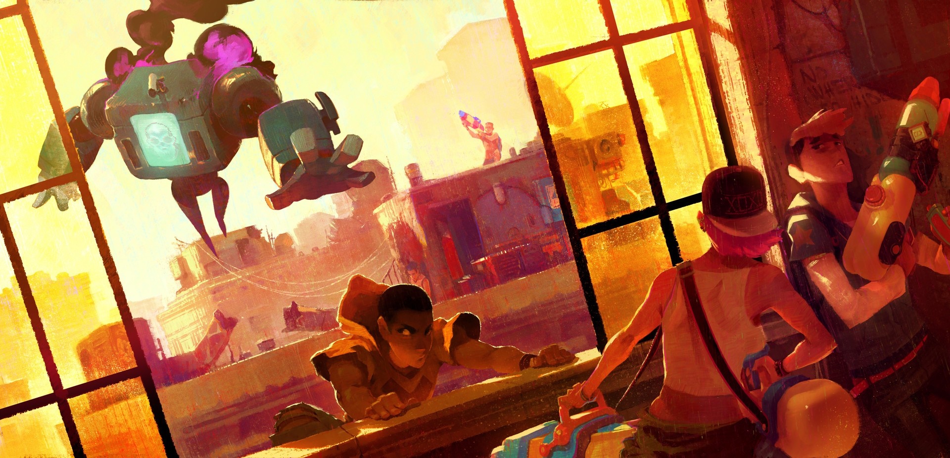 Characters with water guns facing a robot in a city HD Wallpaper