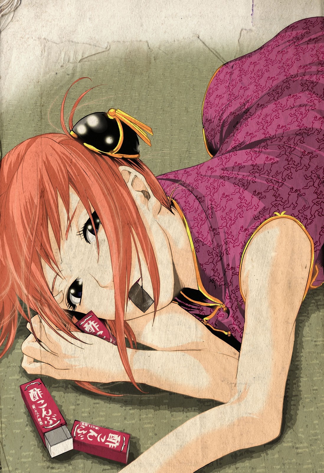 Kagura from Gintama lying down with snacks HD Wallpaper