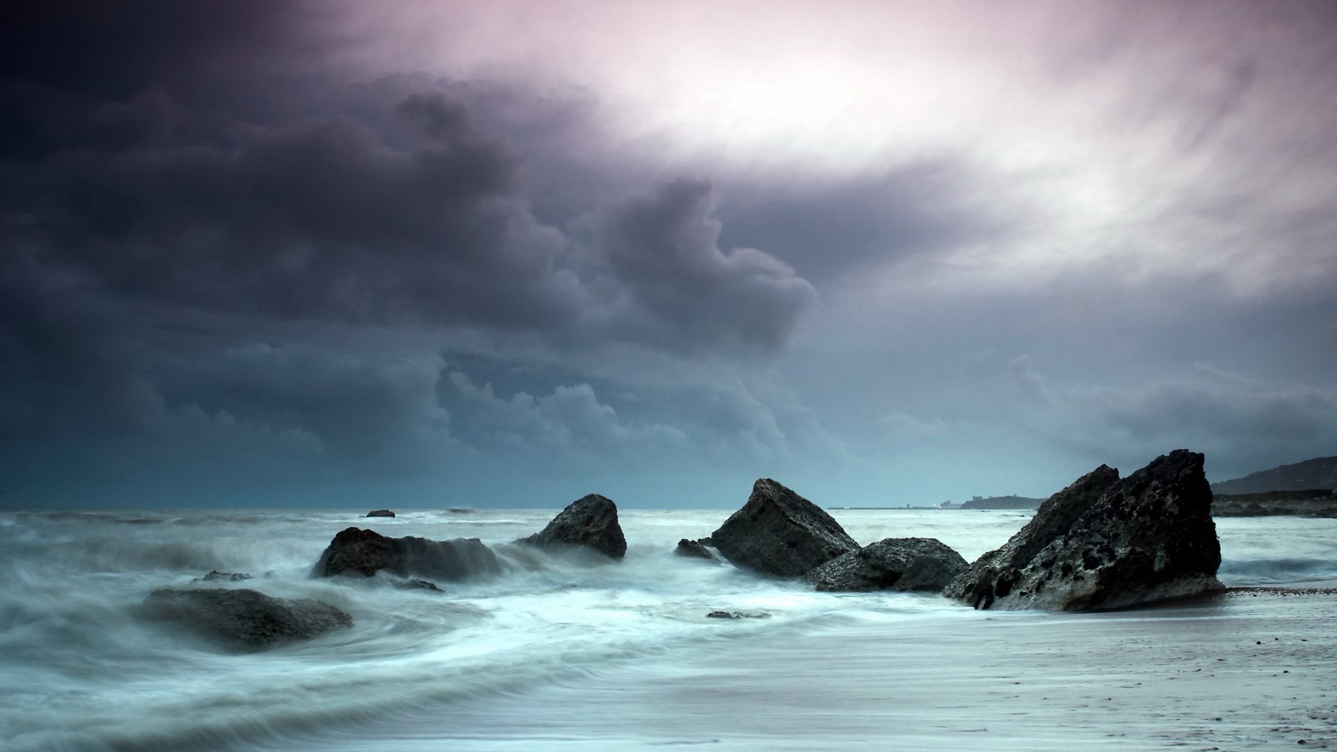 Stormy Seascape with Jagged Rocks and Waves HD Wallpaper