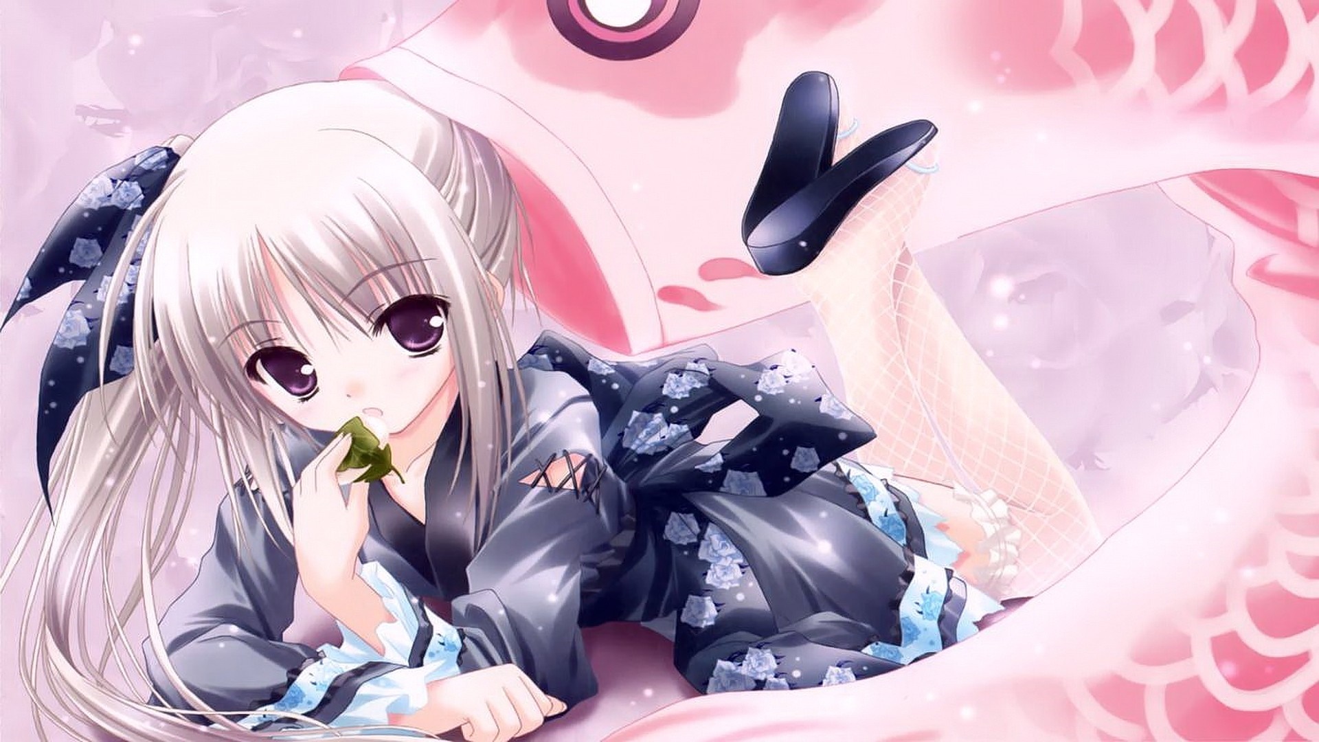 Anime girl in Japanese clothes eating food HD Wallpaper
