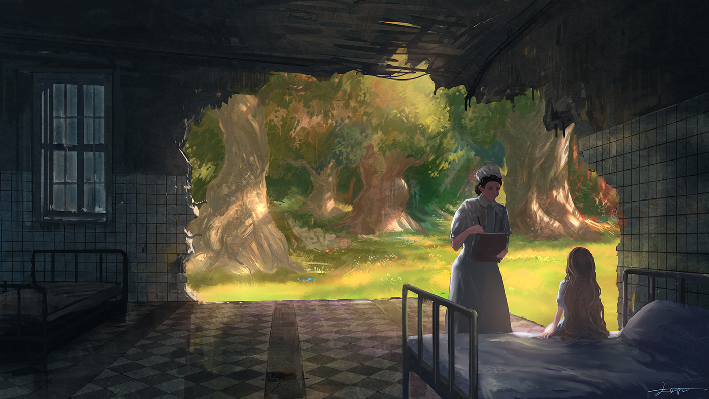 Nurse and girl in ruined hospital looking at forest HD Wallpaper