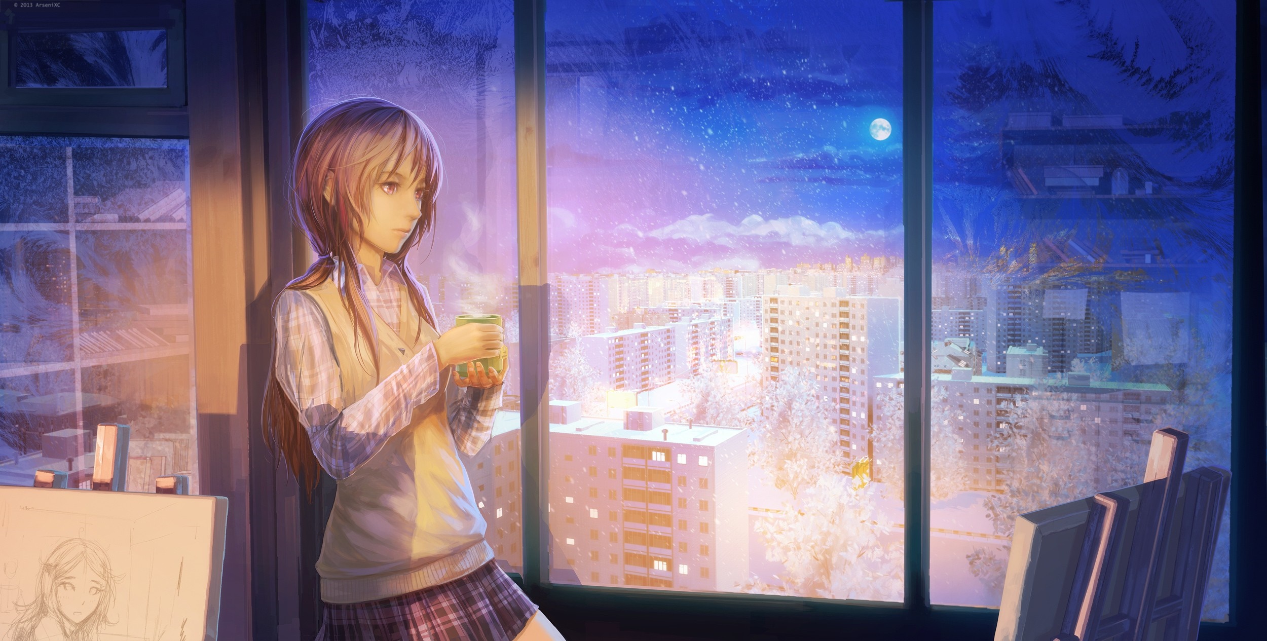 Anime girl with cup looking out window at city HD Wallpaper